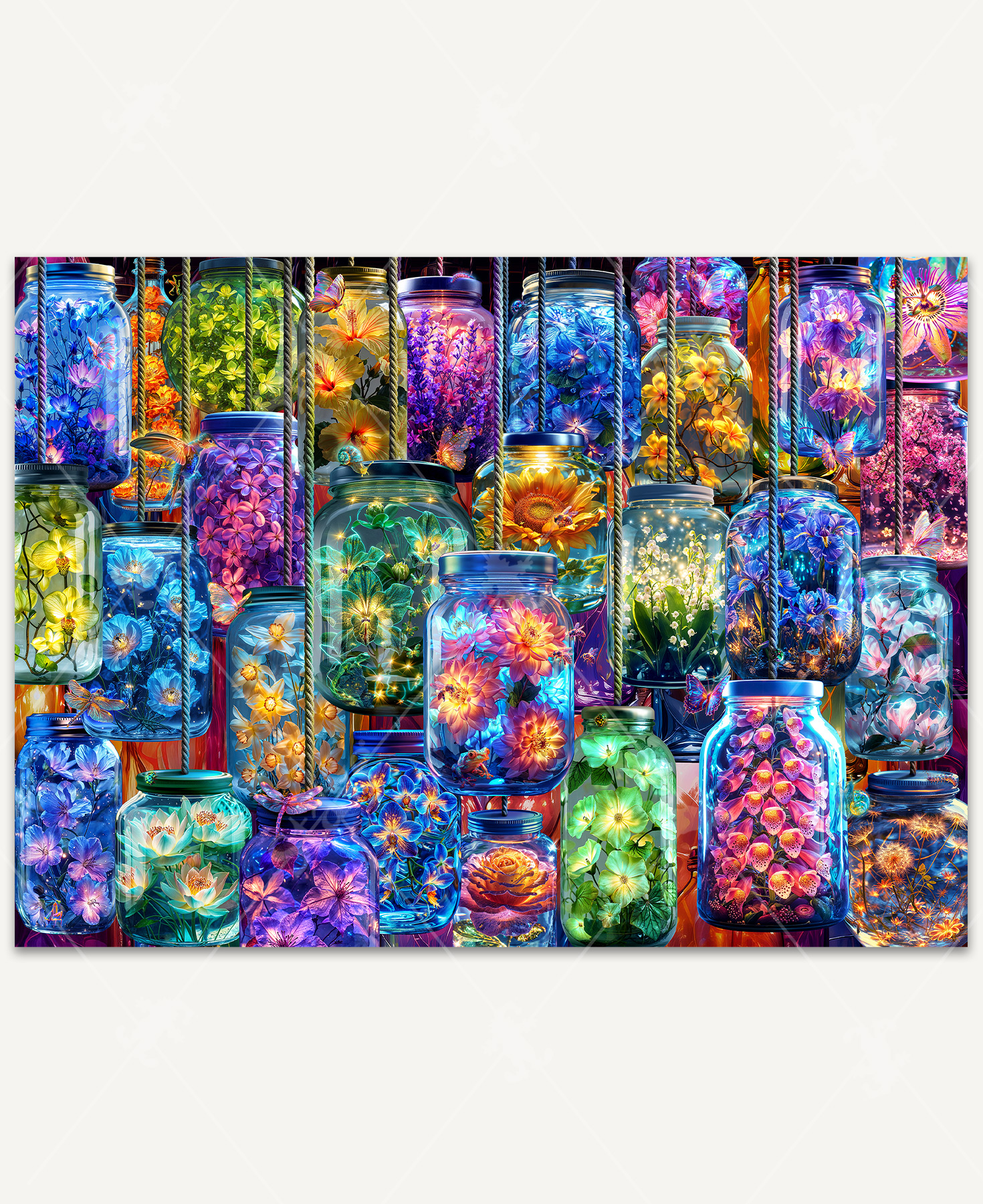 Whimsical scene of glowing mason jars filled with colorful flowers, hanging like floating lanterns. The soft glow and playful arrangement create a magical, fairytale-like atmosphere.