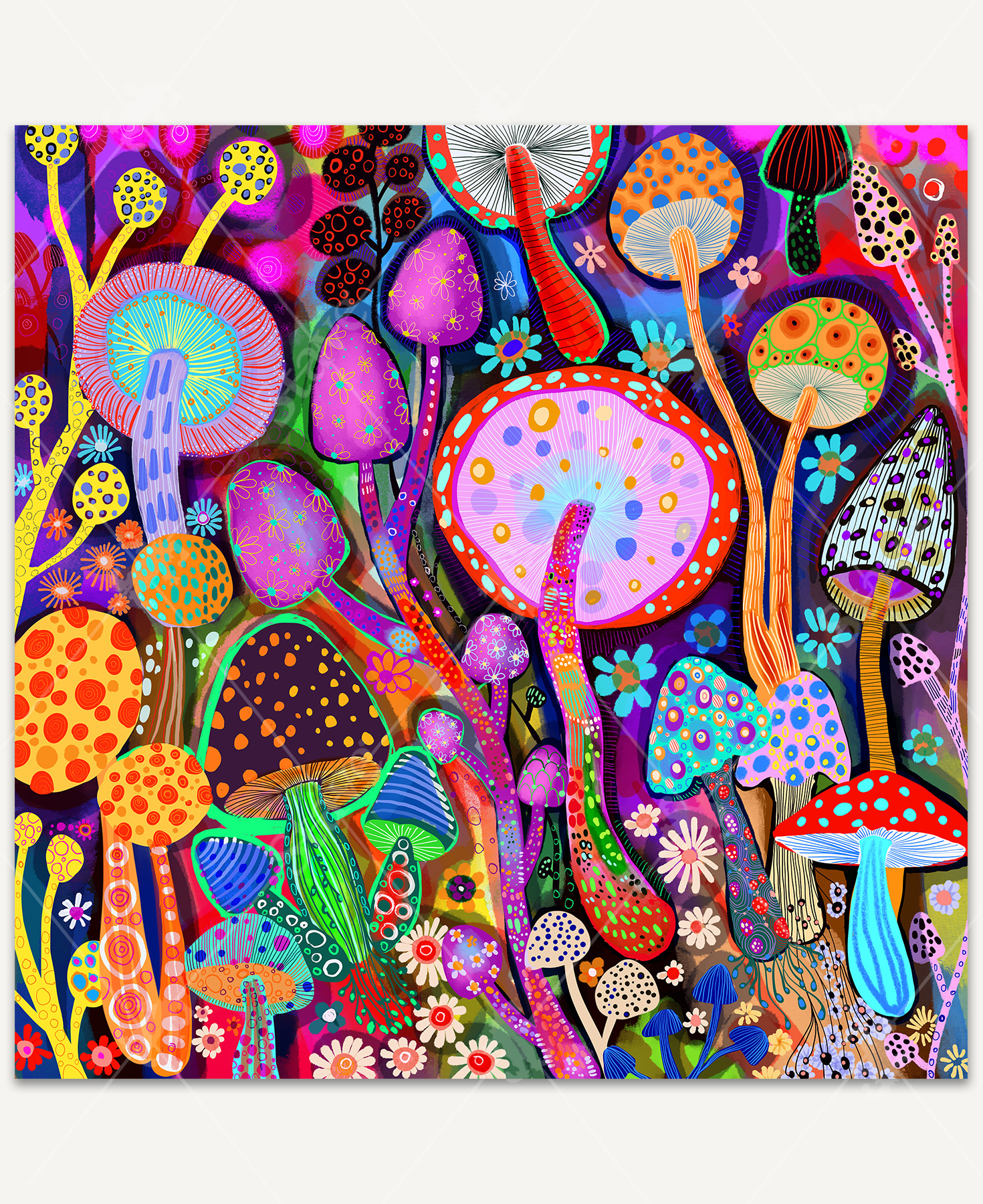 A vibrant arrangement of neon mushrooms in every color, decorated with floral swirls and polka dot patterns.