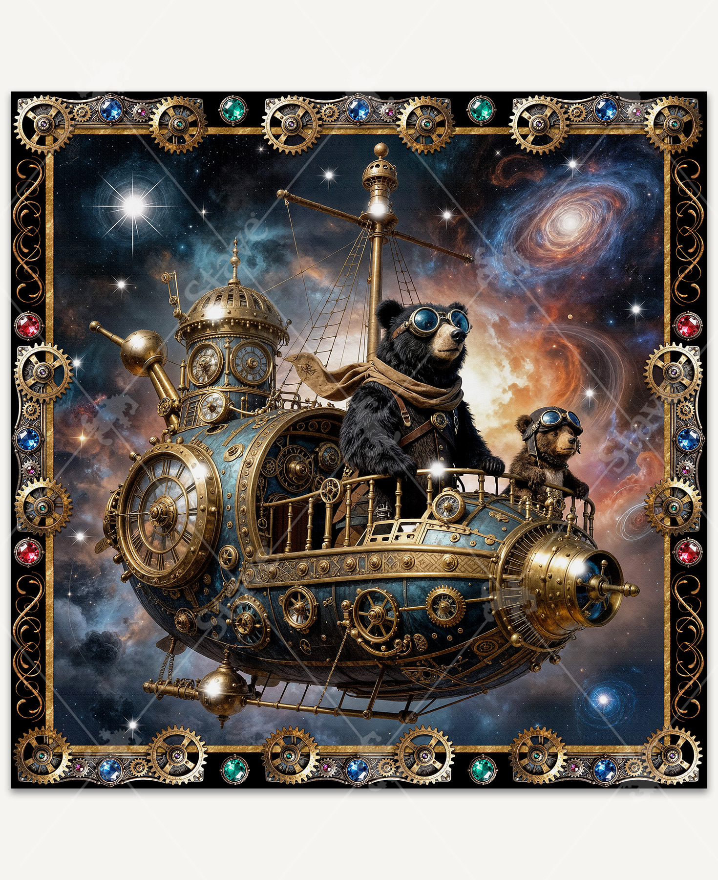 A black bear and cub wearing steampunk goggles ride a metal ship through a swirling galaxy of stars, surrounded by gears and colorful gems in a whimsical, adventurous space scene.