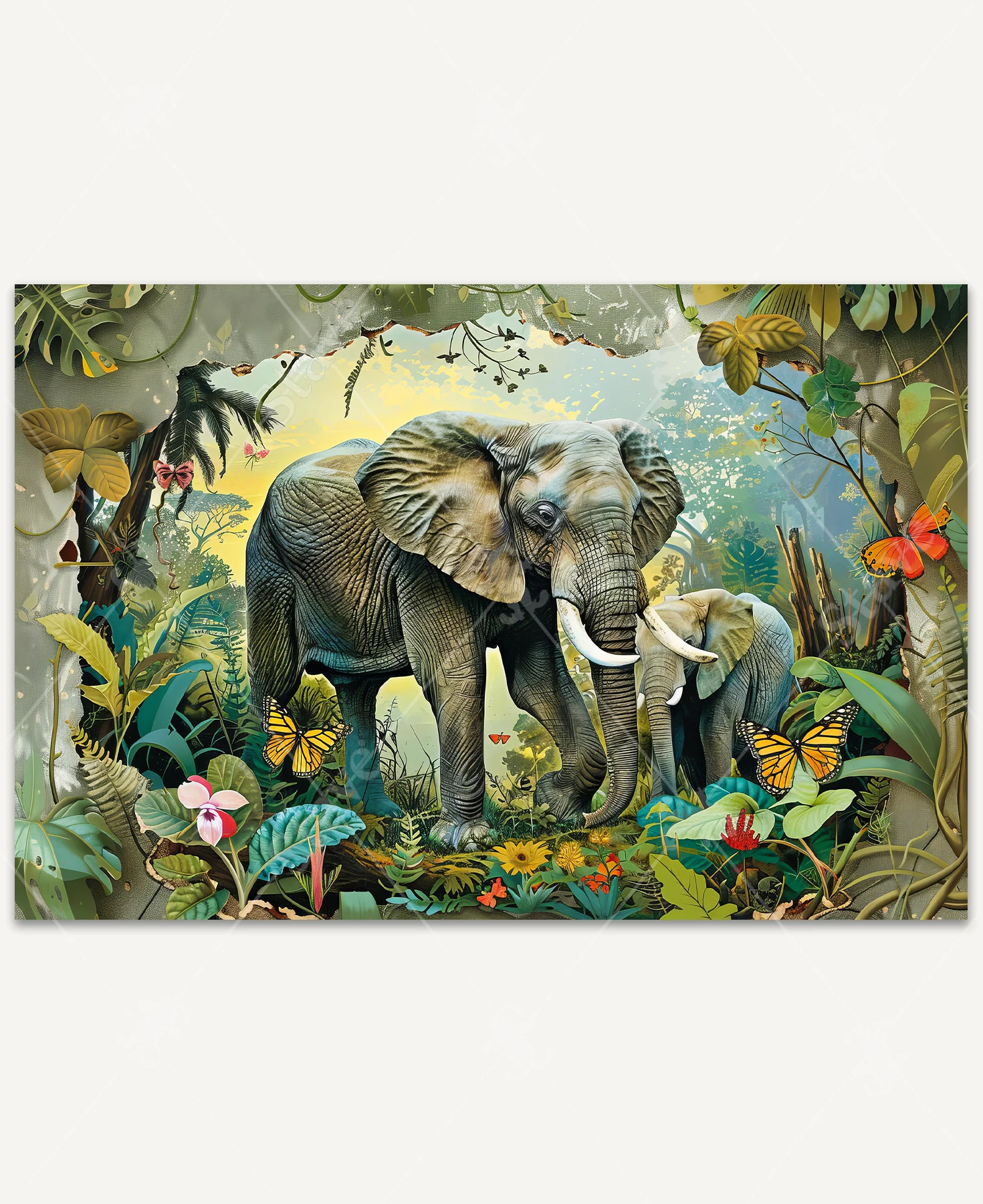 Mother elephant walking with her calf through a lush jungle, surrounded by dense foliage and fluttering butterflies.