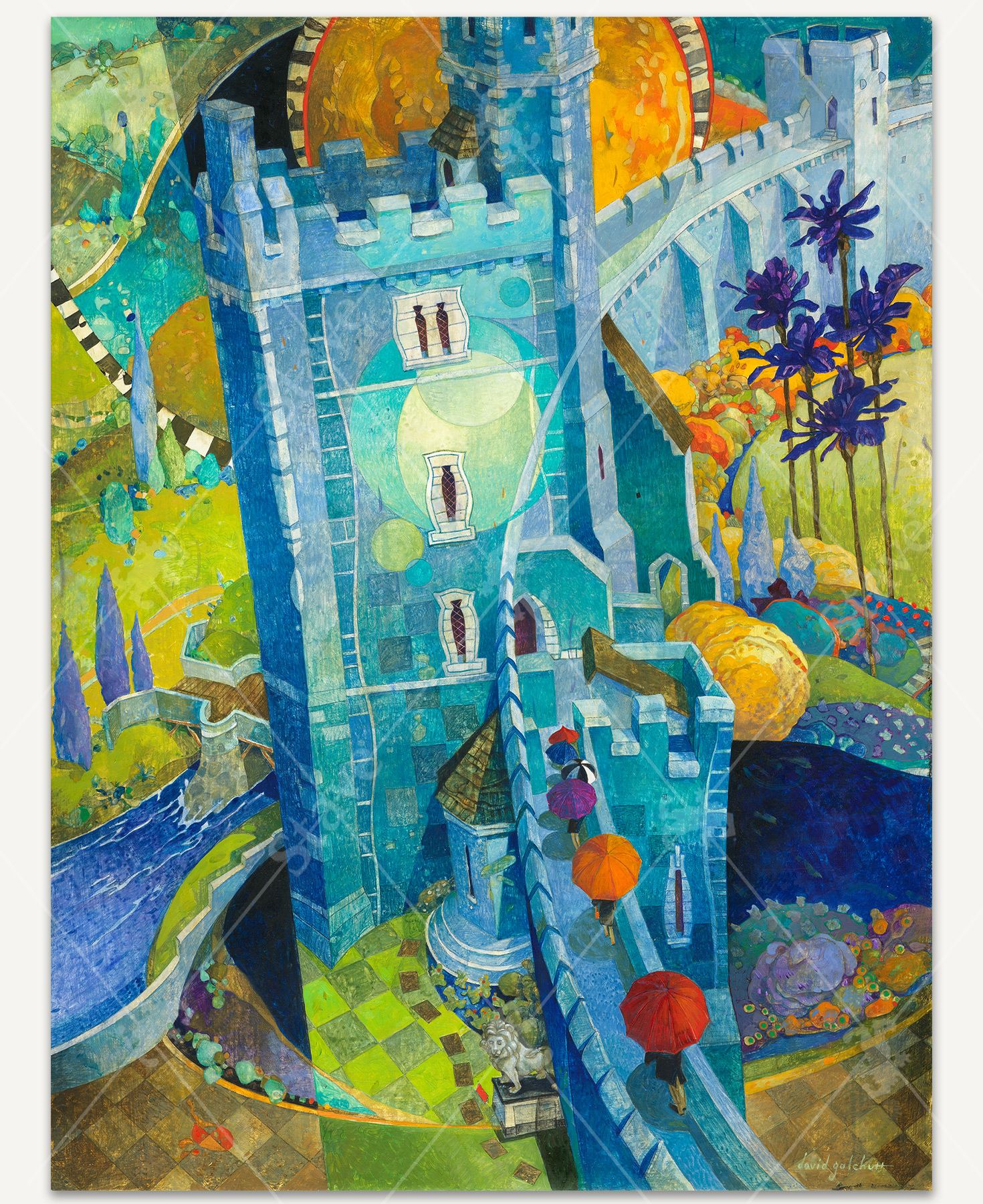 A grand castle rises above the landscape, surrounded by tall protective walls, with a blue river flowing below. Along the upper walkway, figures stroll with colorful umbrellas.
