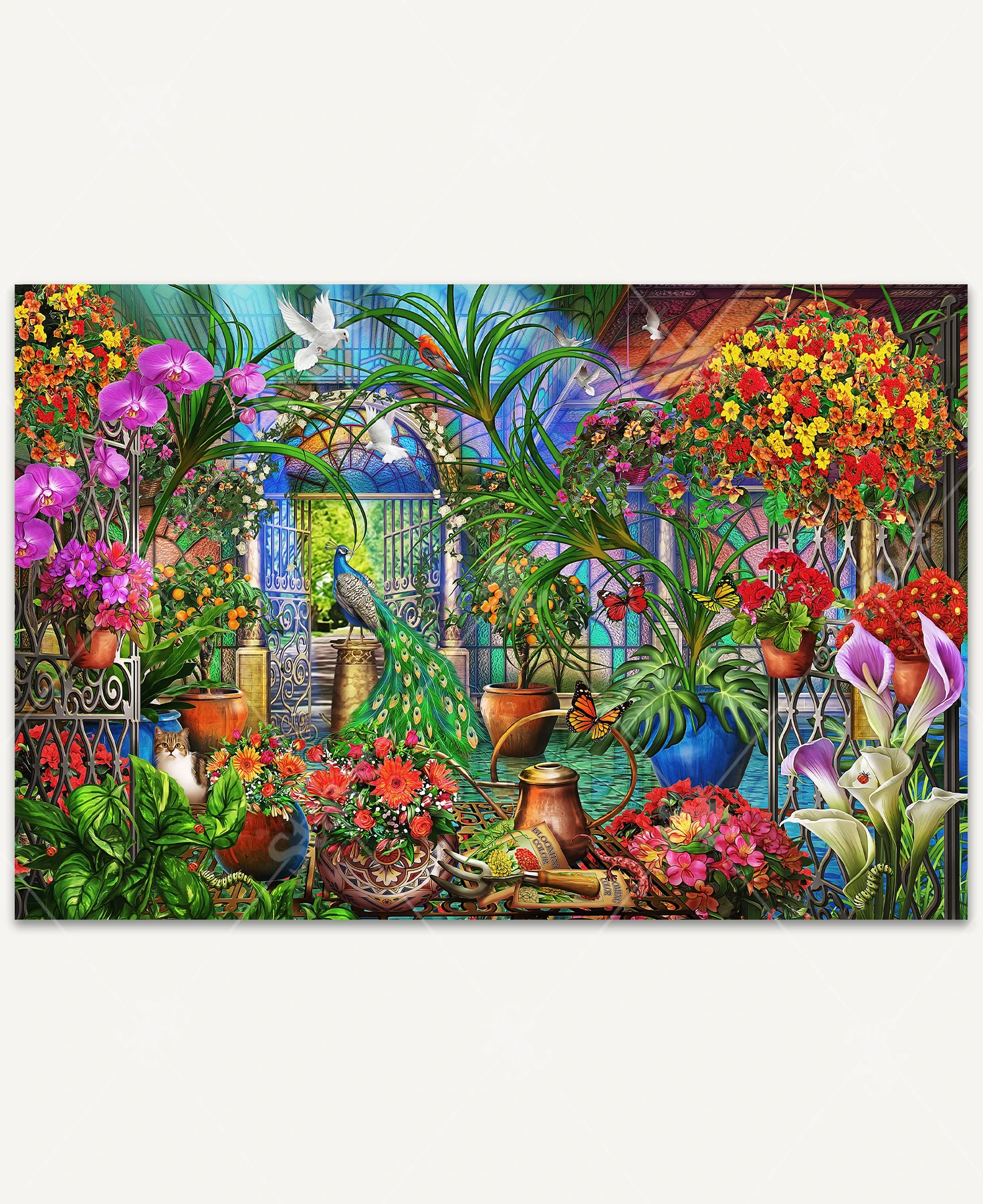 Peacock and white doves inside a sunlit greenhouse with glowing stained glass windows, surrounded by vibrant tropical flowers and orange trees.