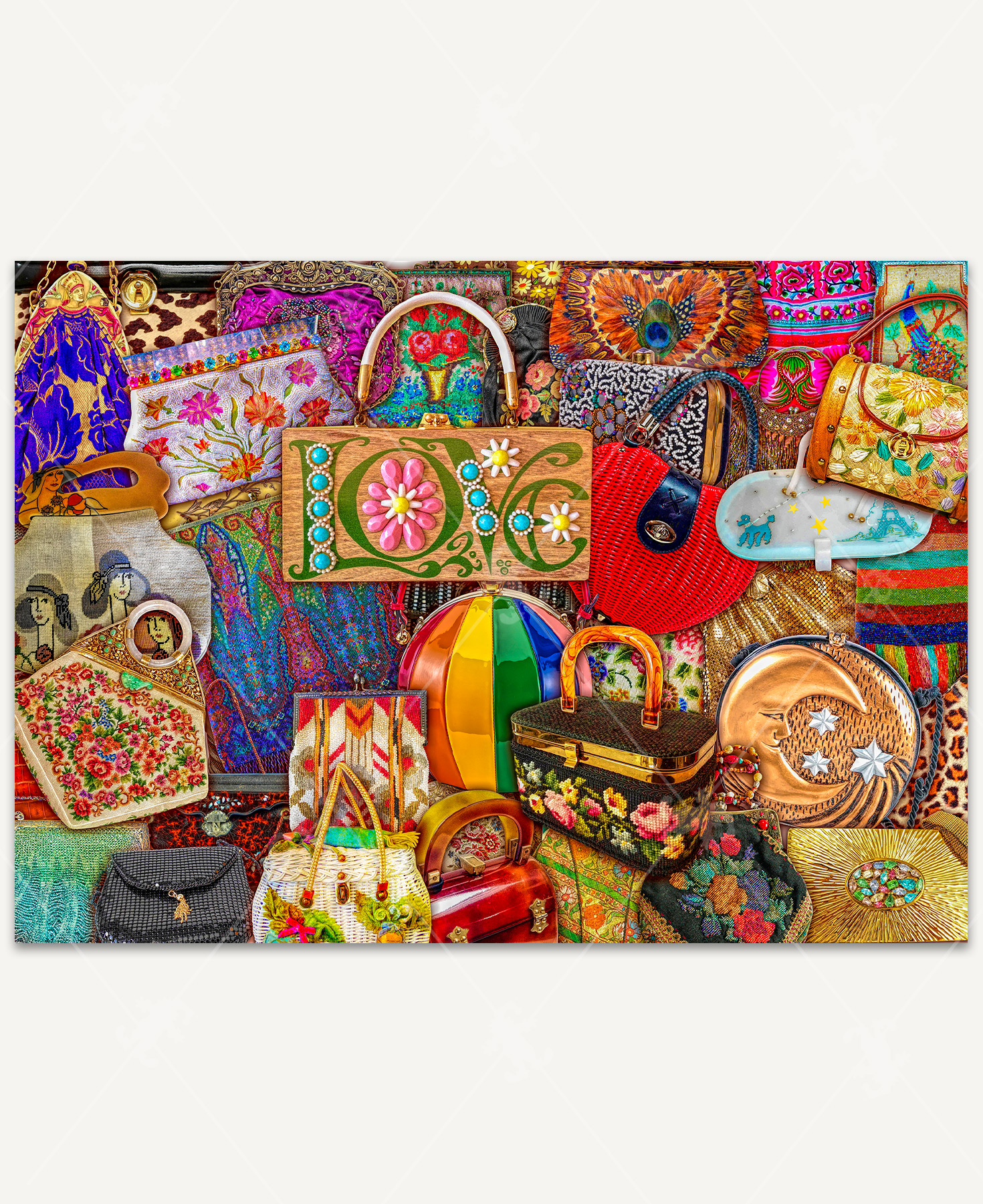A vibrant collection of handbags, including woven totes, embroidered clutches, and beaded purses in various colors, shapes, and styles, showcasing playful textures and timeless charm.
