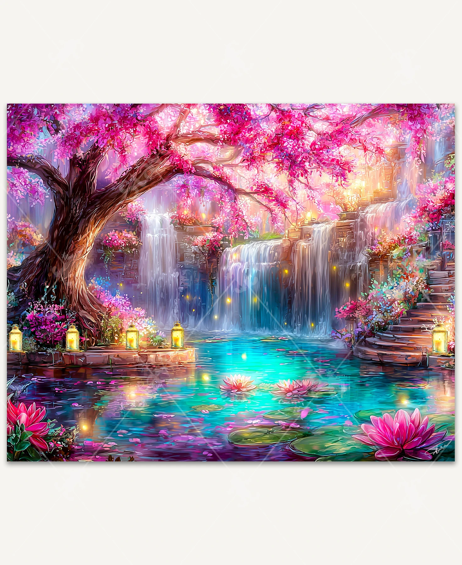 A serene, dreamlike landscape with cherry blossom trees, gentle waterfalls flowing into a clear blue pool, and glowing golden lamps reflecting on the water.