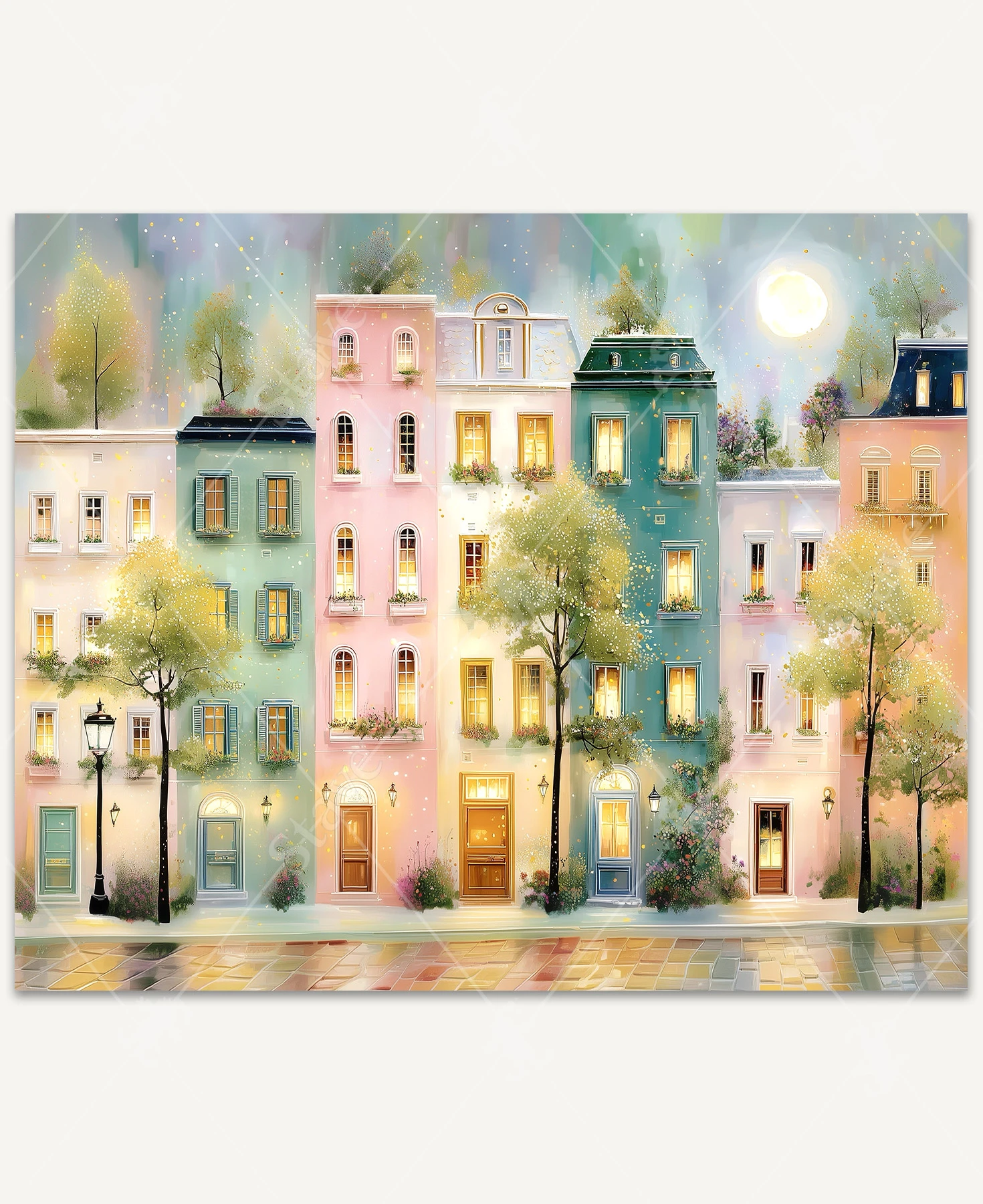 A quiet nighttime street scene with wet cobblestone roads reflecting soft pastel-colored buildings. Warm street lamps cast a gentle glow, creating a dreamy, peaceful atmosphere.
