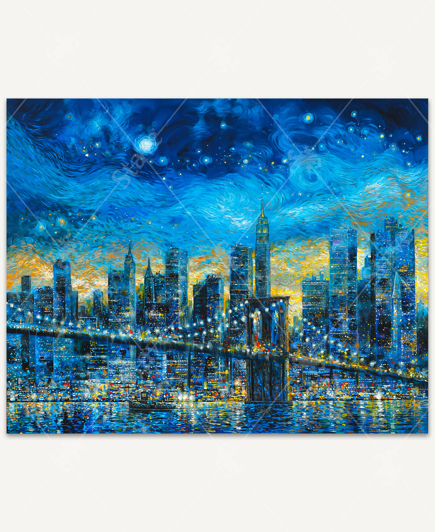 Evening view of New York City under a starry night sky with the Brooklyn Bridge spanning the water, and city lights reflecting on the water.