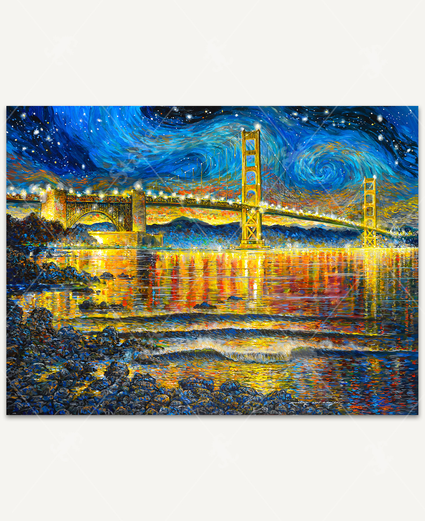 A nighttime view of the Golden Gate Bridge glowing with bright lights underneath a starry sky, with colorful reflections shimmering across the water.