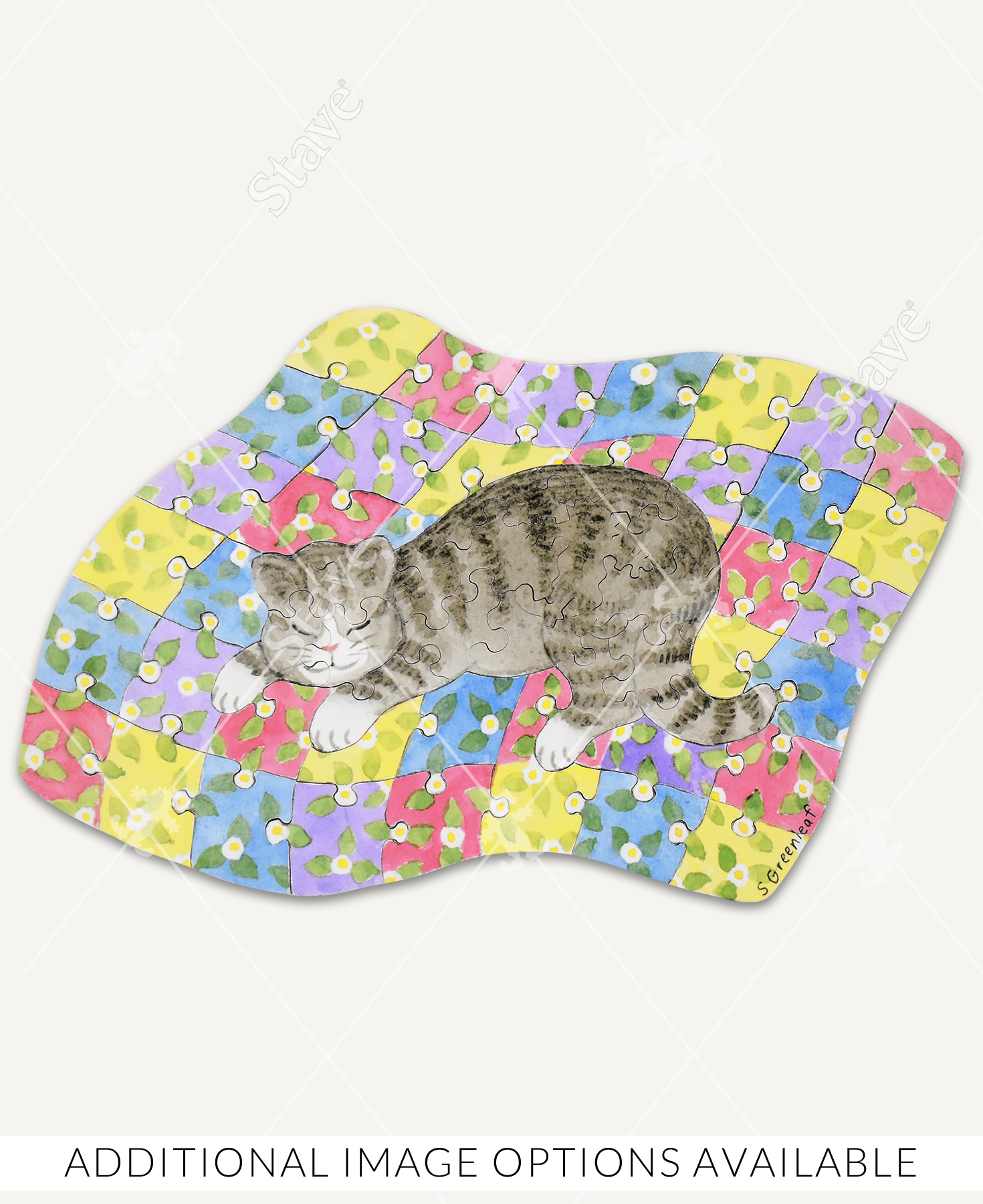 Purrfect Place cat puzzle featuring a cozy patchwork quilt and tabby cat
