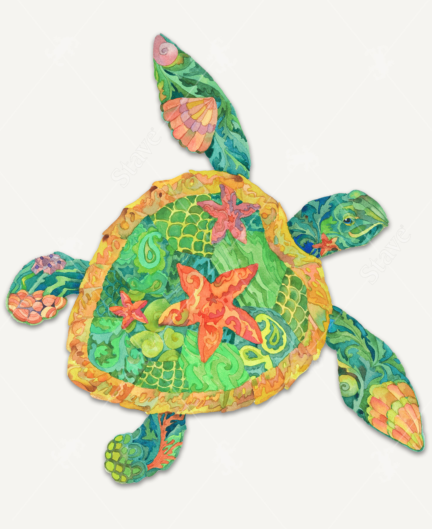 A detailed sea turtle, adorned with starfish on its shell and delicate shells and coral decorating its flippers.