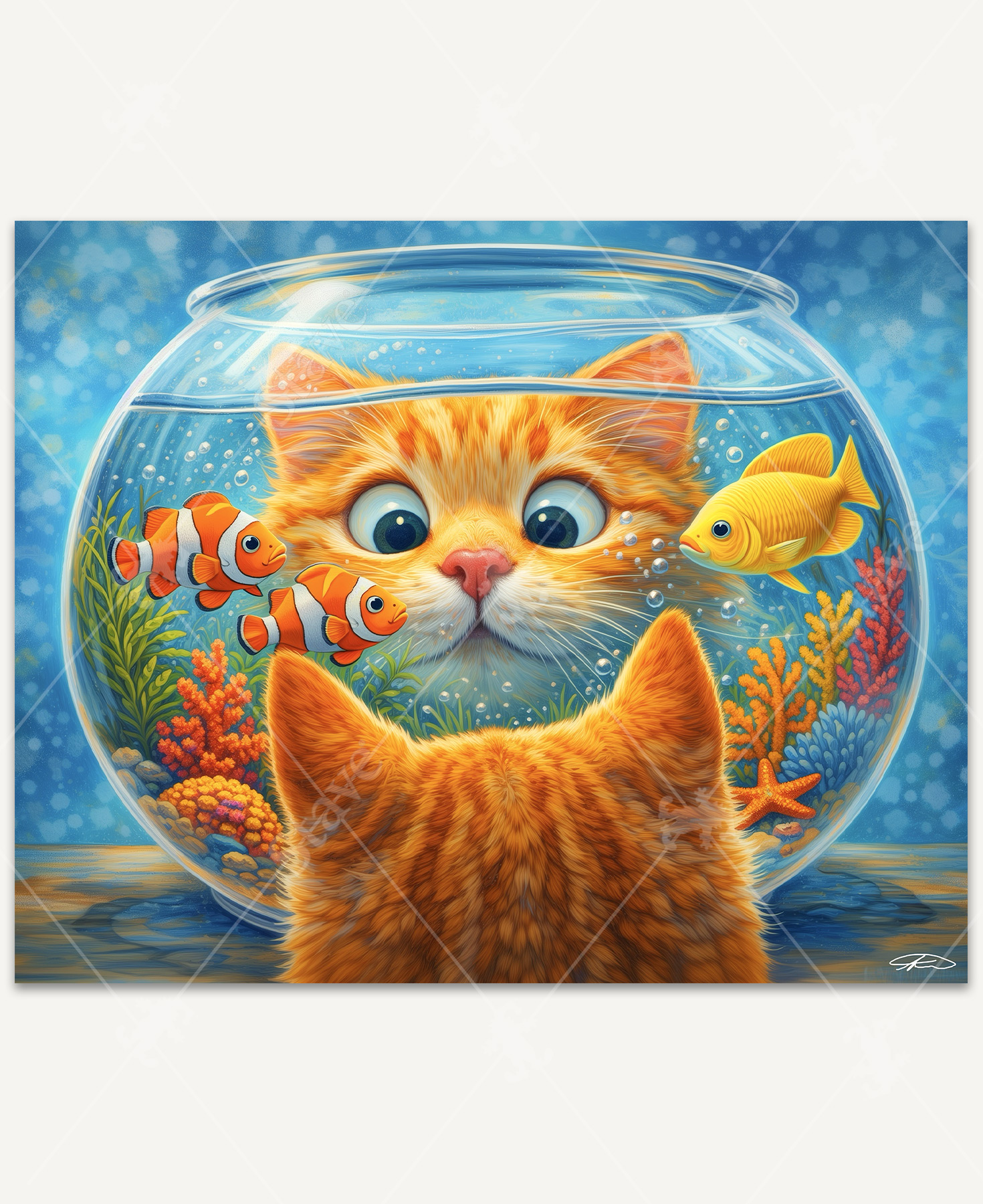 An orange tabby cat peers into a fishbowl with two clownfish and a dwarf honey gourami, surprised to see its own reflection staring back.