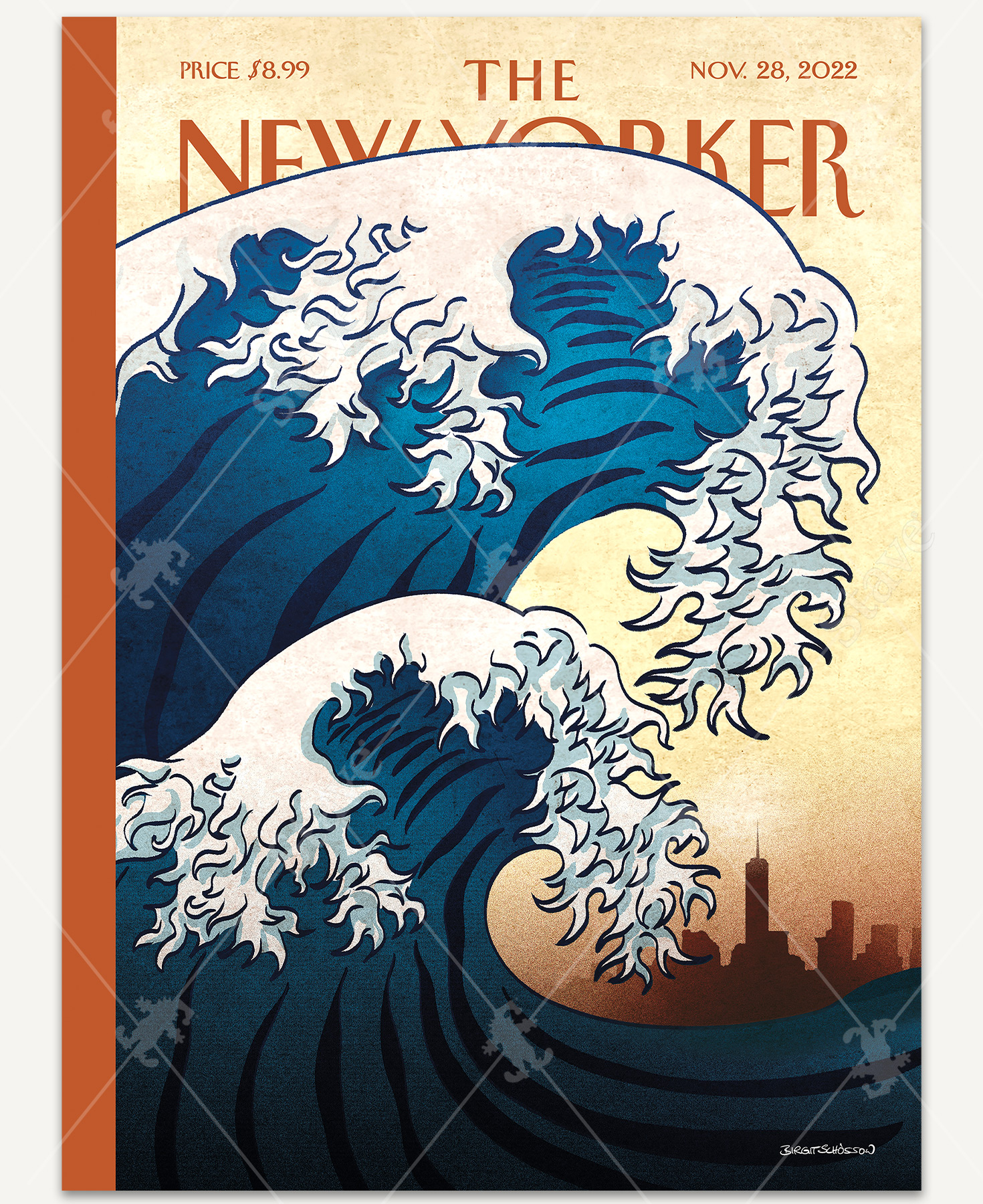 A dramatic illustration of a massive ocean wave in the foreground, inspired by Japanese woodblock style, with New York City shown as a small, hazy skyline in the distant background.