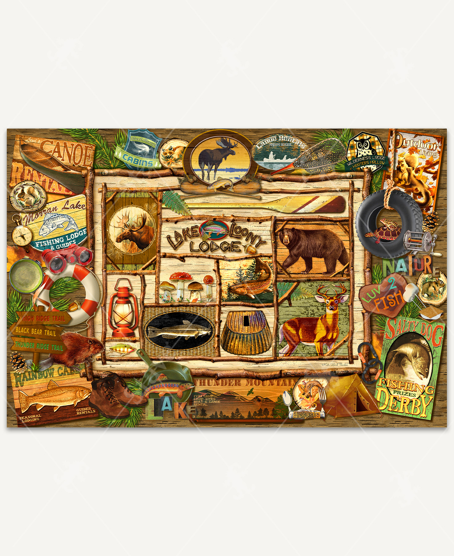 Outdoor-themed collage featuring a central branch-framed sign reading “Lake Loony Lodge,” surrounded by wildlife, exploration items, fishing signs, and nature motifs.