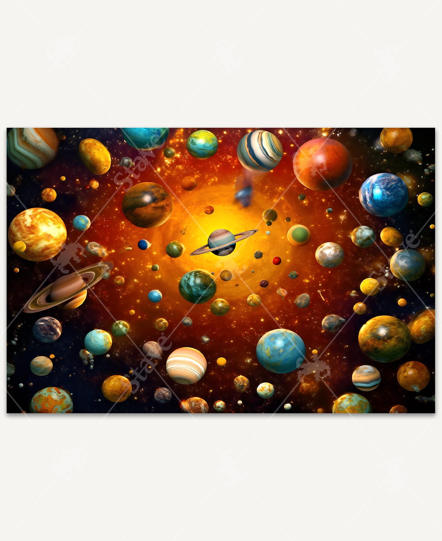 Outer space scene featuring a colorful cosmic display of planets, moons, and asteroids illuminated by the distant light of the sun.