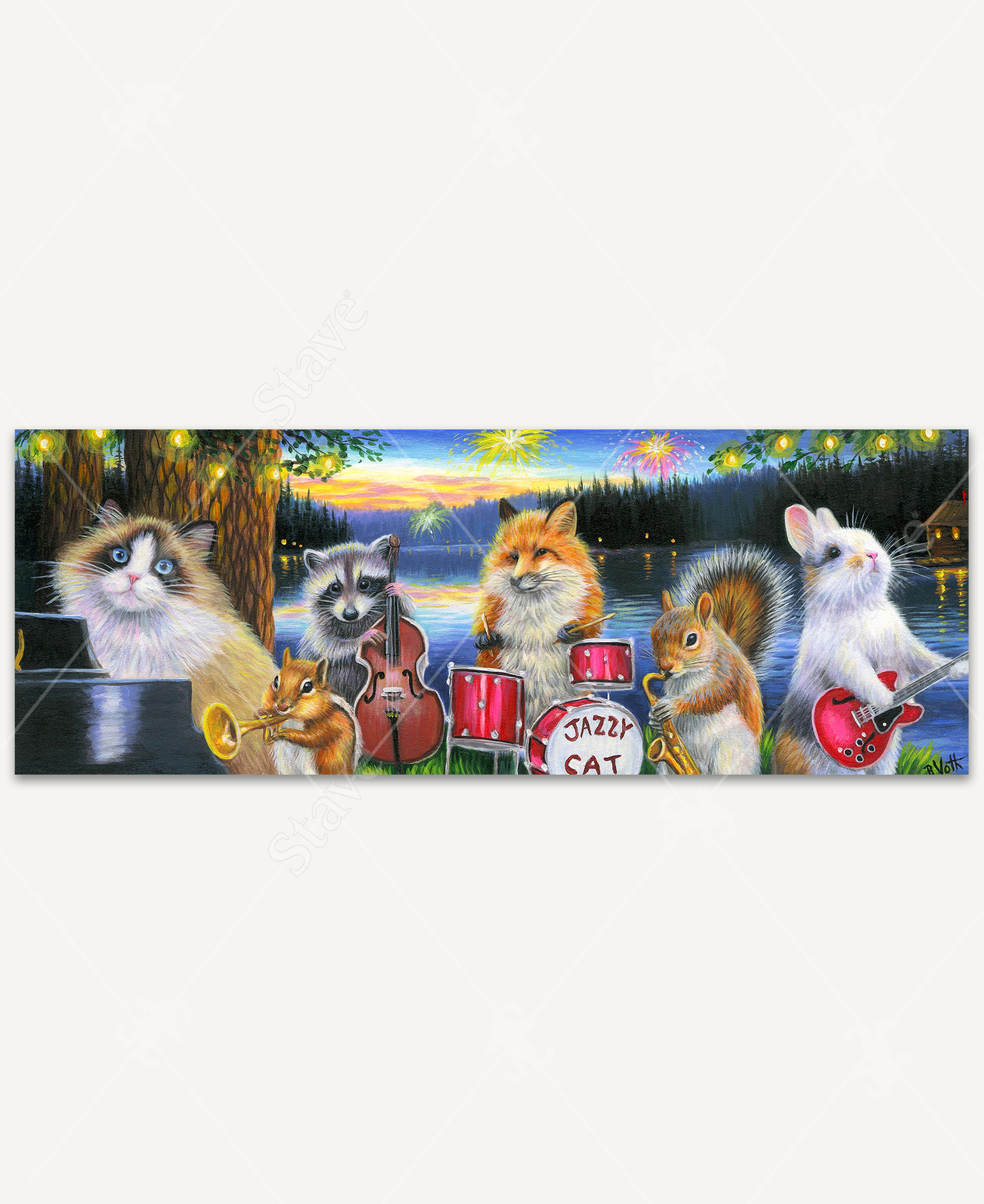 Lakeside concert scene featuring a whimsical animal jazz band– a cat plays piano, a chipmunk plays trumpet, a raccoon plays bass, a fox plays drums, a squirrel plays saxophone, and a rabbit plays guitar.