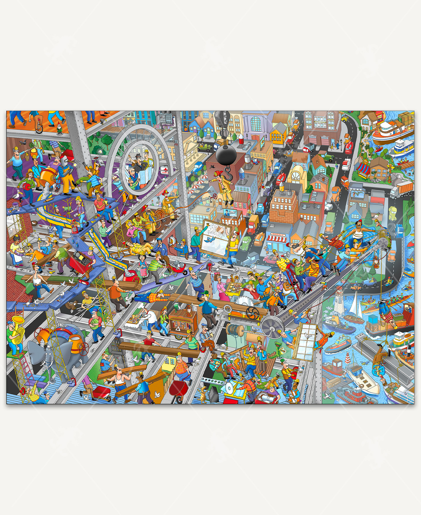 Humorous cartoon illustration of a chaotic skyscraper construction site filled with workers balancing on steel beams, giant gears, and girders. Welders, emergency responders, curious animals, and bystanders create comical scenes throughout the busy site, with a colorful city skyline stretching into the background.