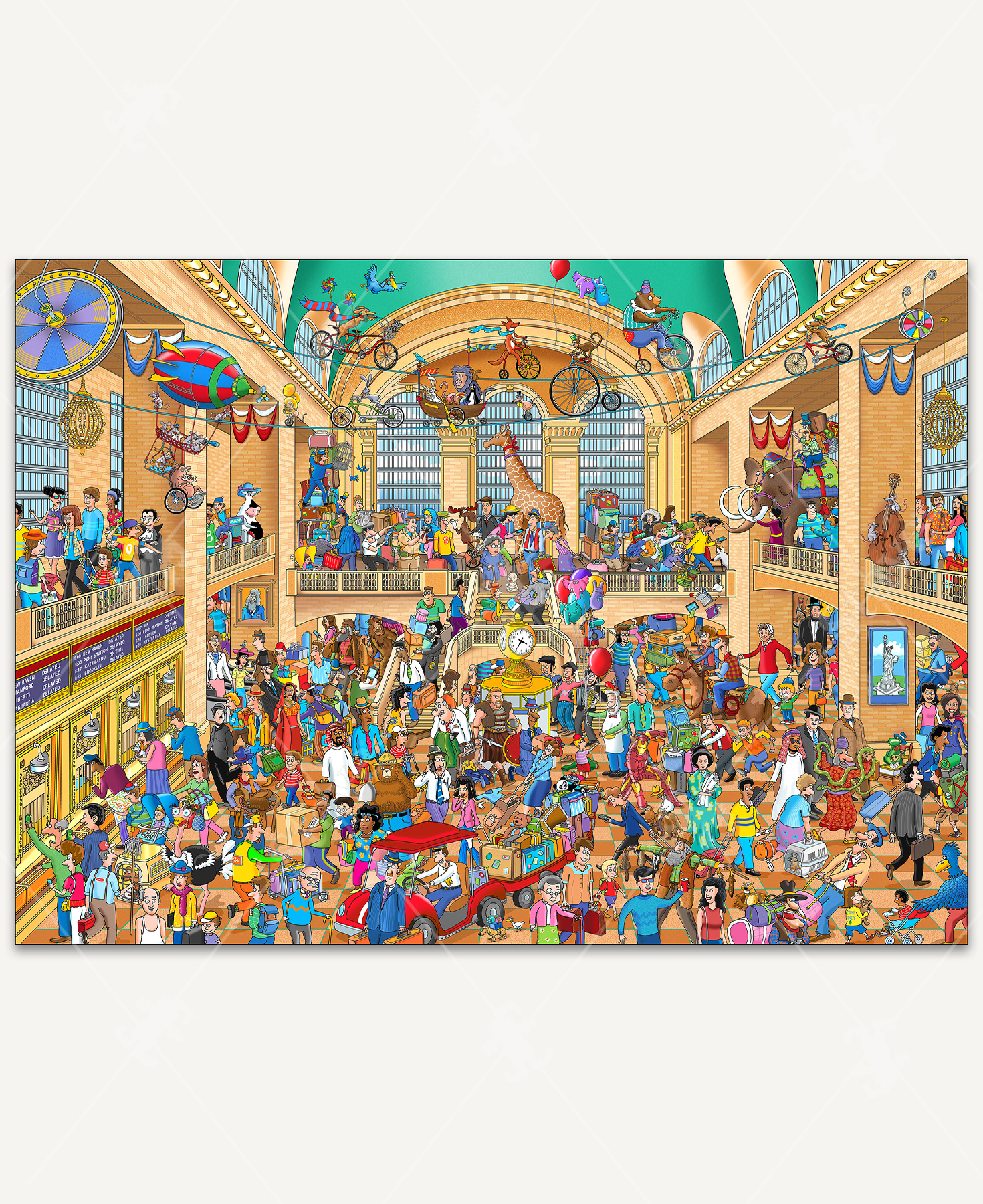 Humorous cartoon illustration of a bustling train station inspired by Grand Central Terminal, filled with quirky travelers, animals, and historical characters. Tightrope riders pedal bicycles high above the concourse. Below, an overloaded luggage cart rolls through the crowd as passengers wait for delayed trains.