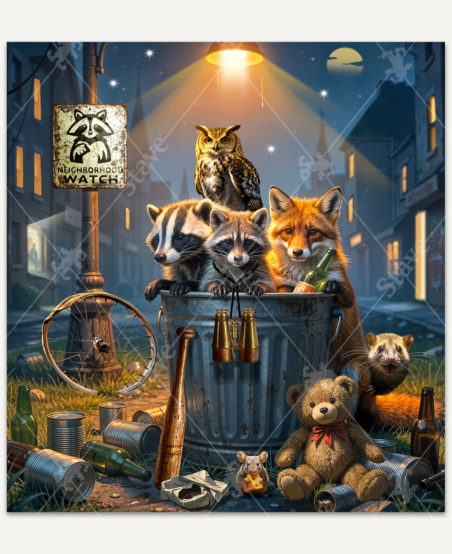 Woodland animals hold a "Neighborhood Watch" meeting around a metal trash can. A raccoon wearing binoculars sits inside the can beside a badger, while a great horned owl perches overhead, a red fox leans nearby, and a shy ferret peeks from behind.