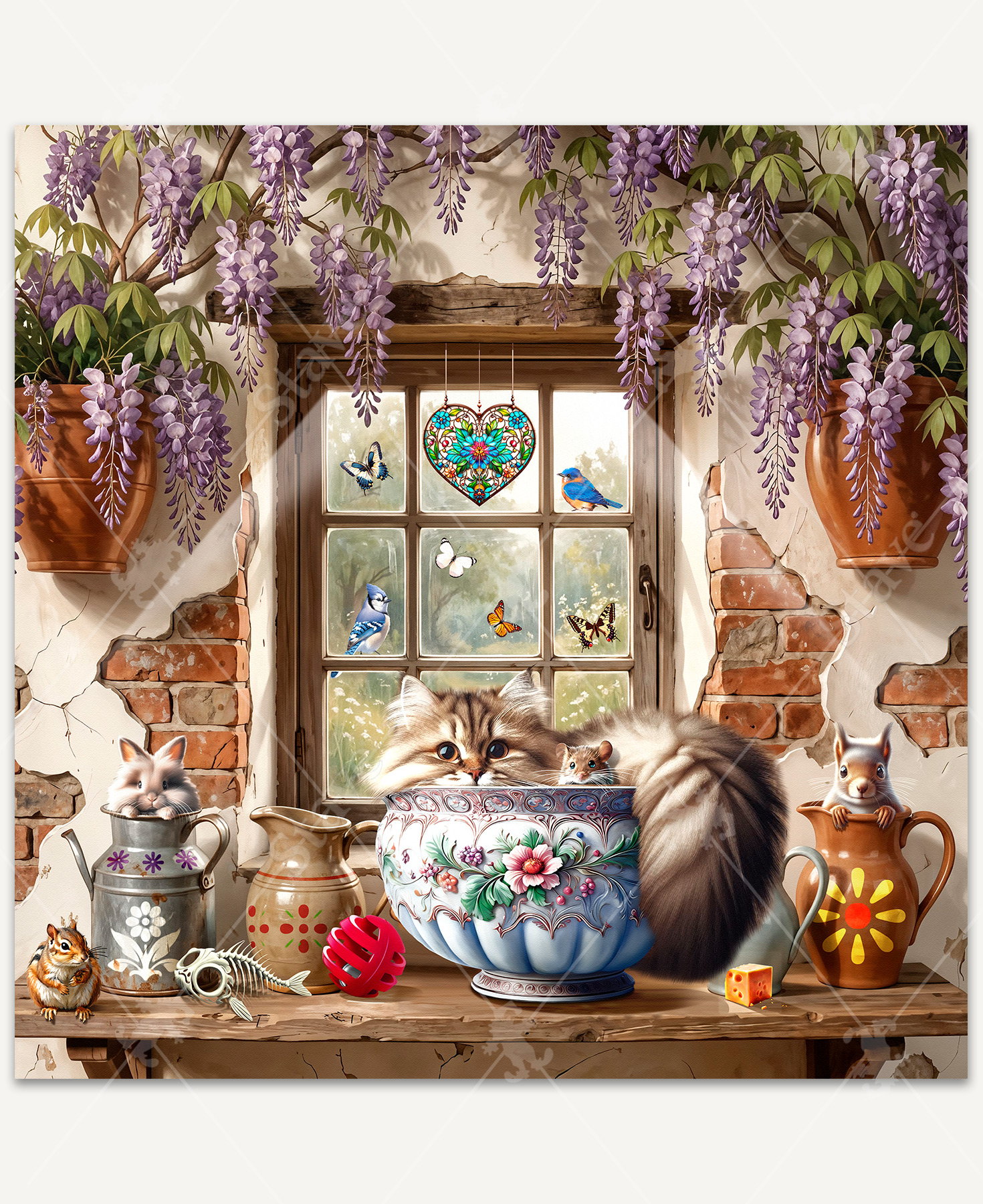 A cozy cottage scene featuring a fluffy Maine Coon cat resting in a ceramic bowl on a rustic windowsill, with a tiny mouse nestled in its fur. A bunny relaxes in a vintage watering can while a squirrel peeks from a clay pitcher. Terracotta pots and cascading purple wisteria frame the warm woodland setting.