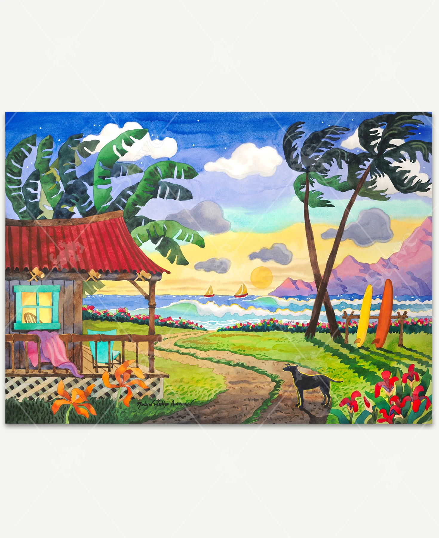 A tropical beach at sunset, featuring a rustic red-roofed shack, lush palm and banana leaves, and a winding path leading to turquoise waves. A black dog watches the horizon, while sailboats drift beneath a golden sun and purple mountains rise in the distance.