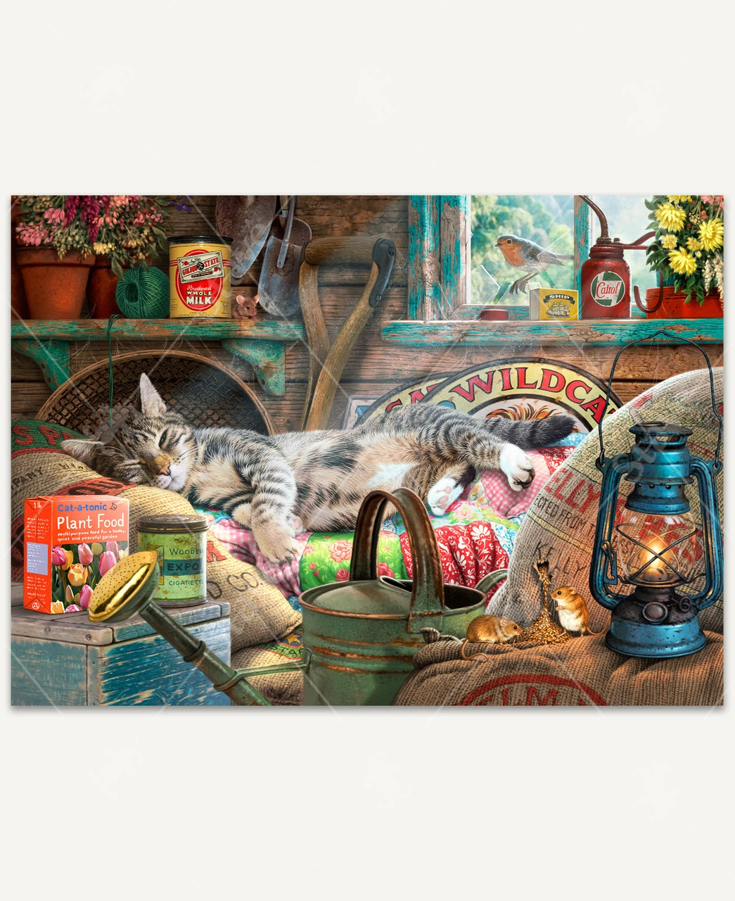 A tabby cat lounging on a quilt next to piles of burlap sacks in a shed. The shed is full of gardening tools, such as watering cans, shovels, plant food, and flower pots. Two mice chew a hole in one of the burlap sacks with seeds pouring out. A bird sits on a piece of glass in the broken window, watching the cat napping.