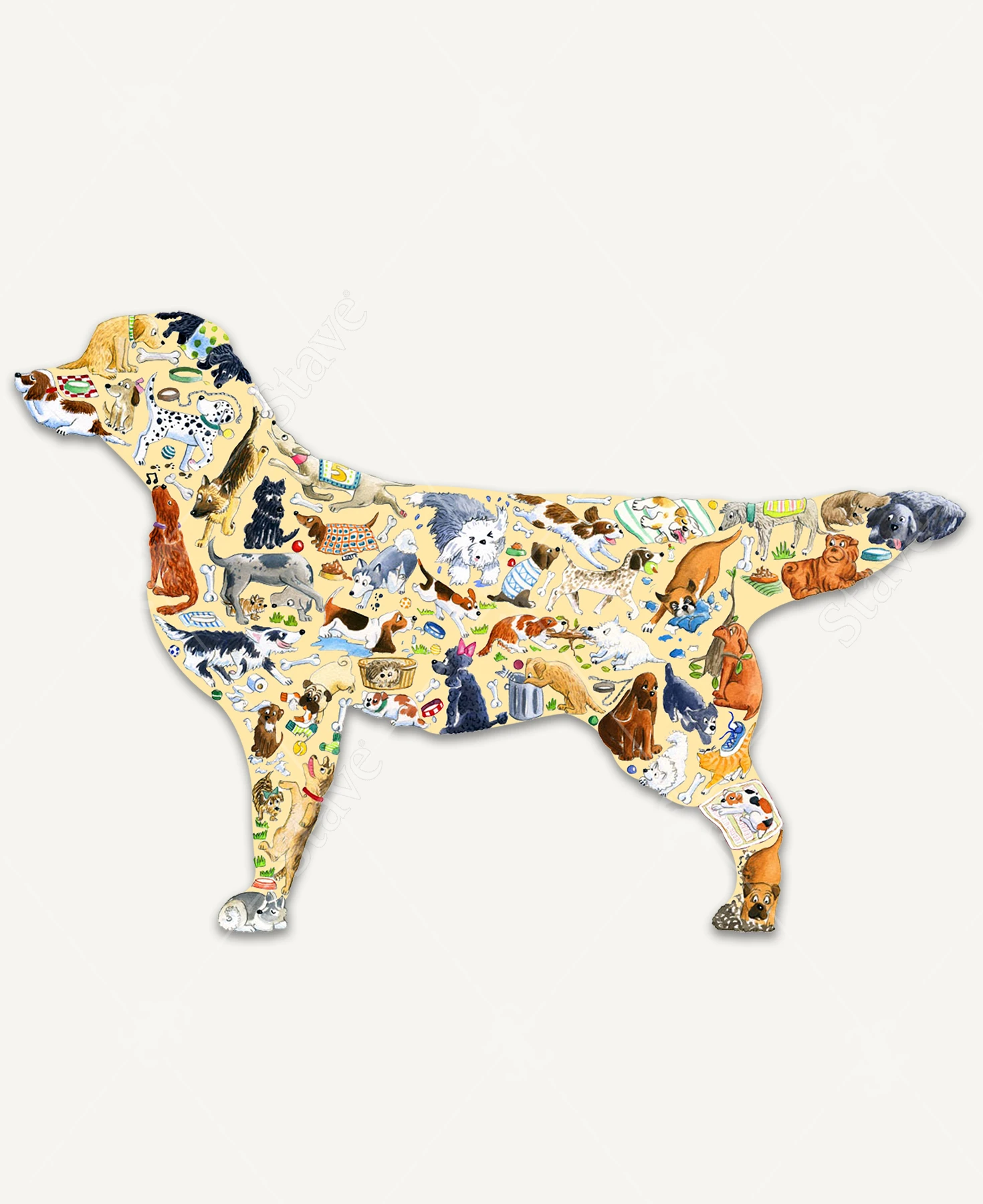 A large Golden Retriever silhouette filled with a whimsical collage of colorful dogs of all shapes and sizes, playing, lounging, wearing sweaters, and getting into mischief.