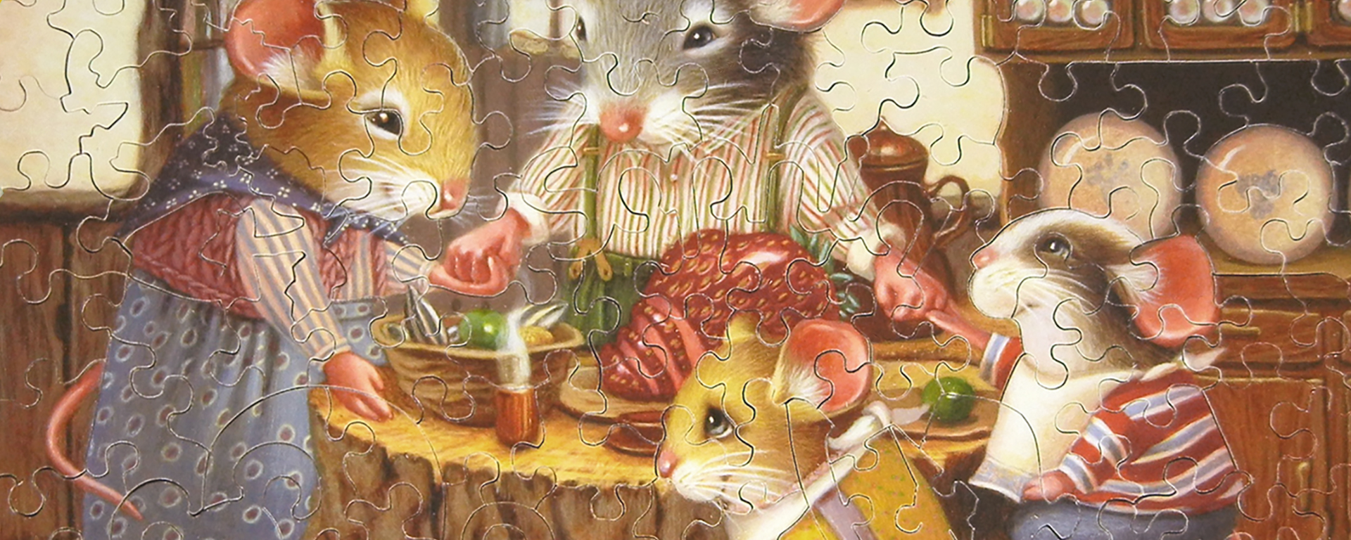 Wooden small critter jigsaw puzzle featuring a mouse family gathering around their stump dinner table for a meal.