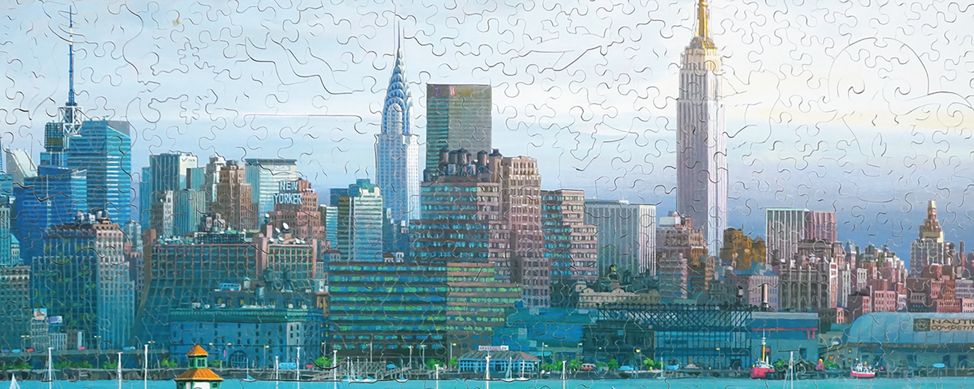 Wooden architecture jigsaw puzzle featuring a modern city skyline with water in the foreground.