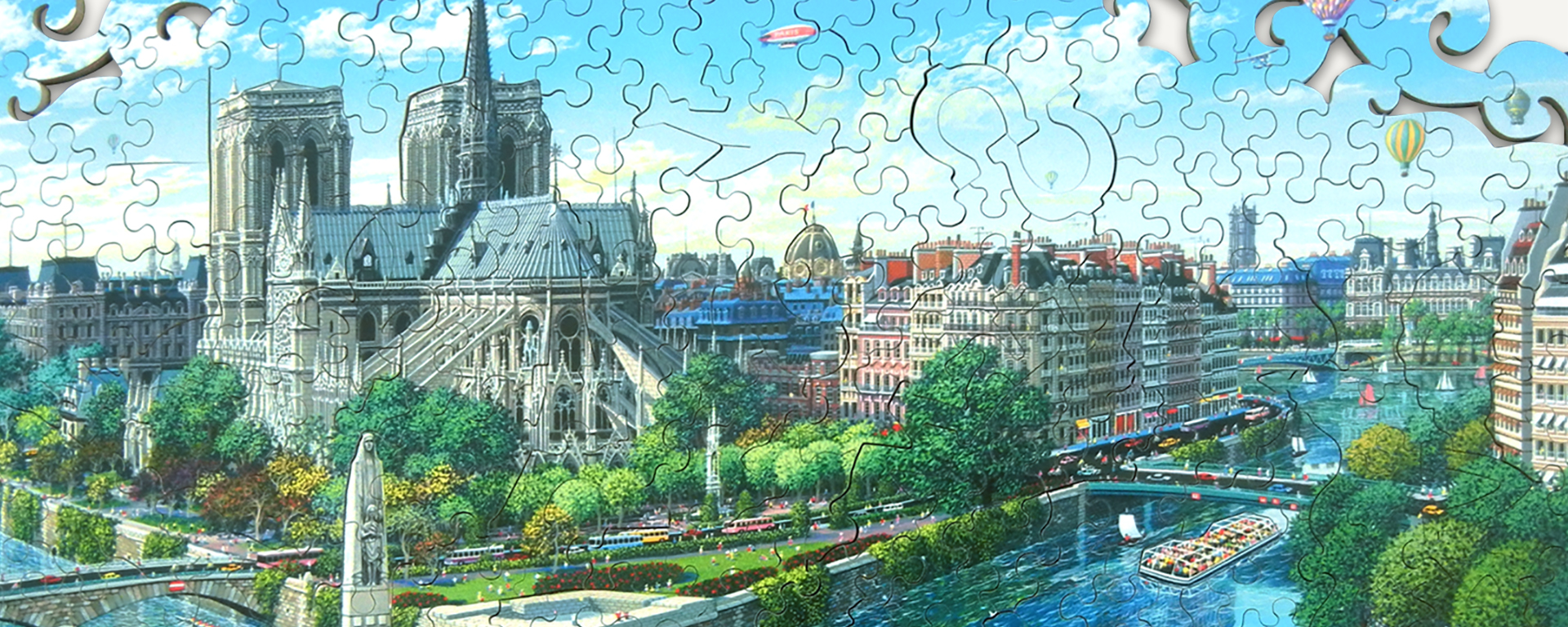 Wooden religious arcitecture jigsaw puzzle featuring an intricately designed religious architecture building, with a tall spire reaching up to the sky. The building is surrounded by the city and there is a canal in the foreground.