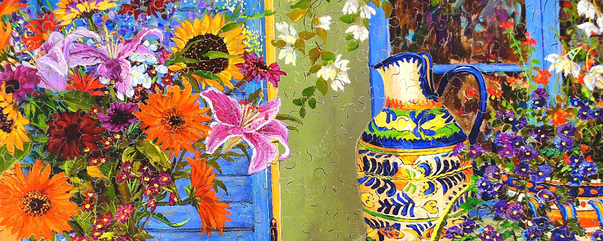 Wooden autumn florals jigsaw puzzle featuring a bouquet of brightly colored flowers and an empty decorative vase.