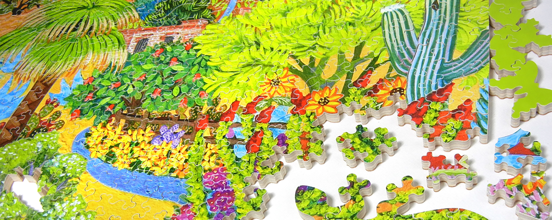 Wooden desert plants jigsaw puzzle in progress featuring a variety of trees and plants that grow in the desert.