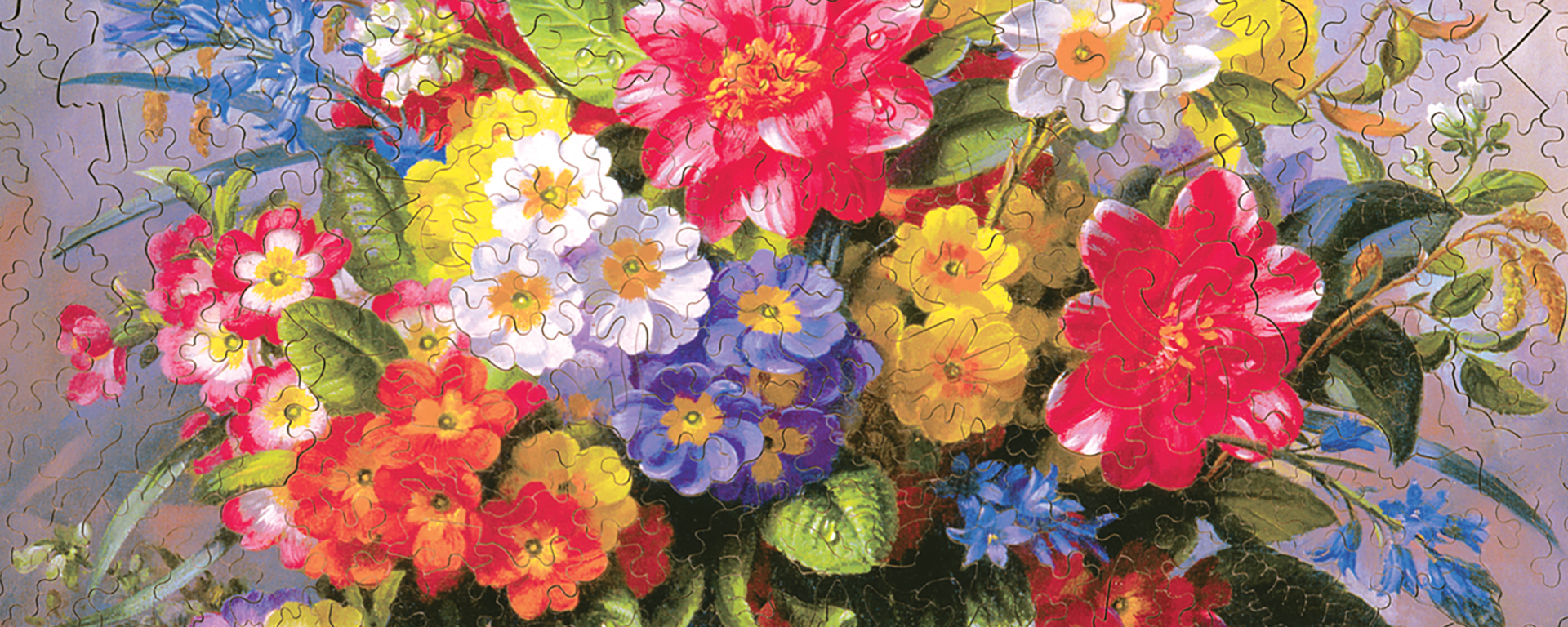 Wooden spring florals jigsaw puzzle featuring a vibrant bouquet of spring flowers.