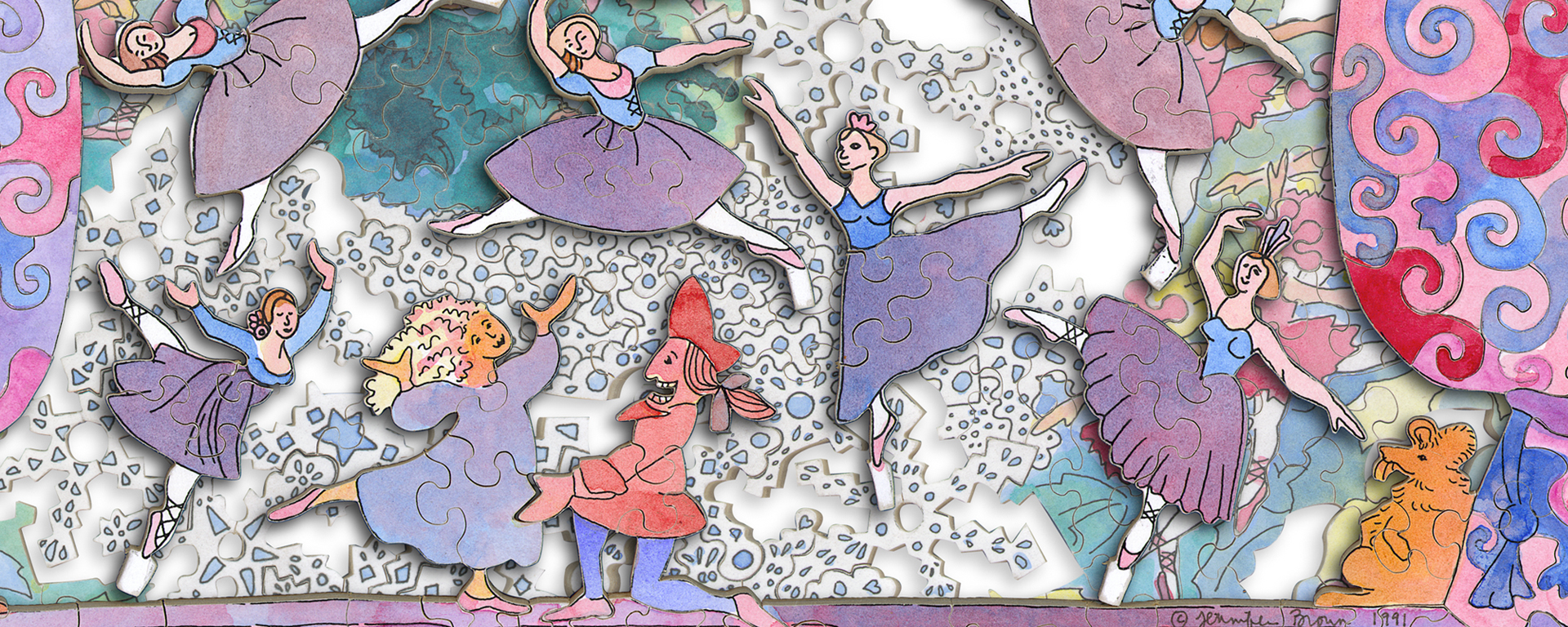 Wooden jigsaw classic Christmas puzzle portraying a play on a stage with ballerinas surrounding the two actors center stage.