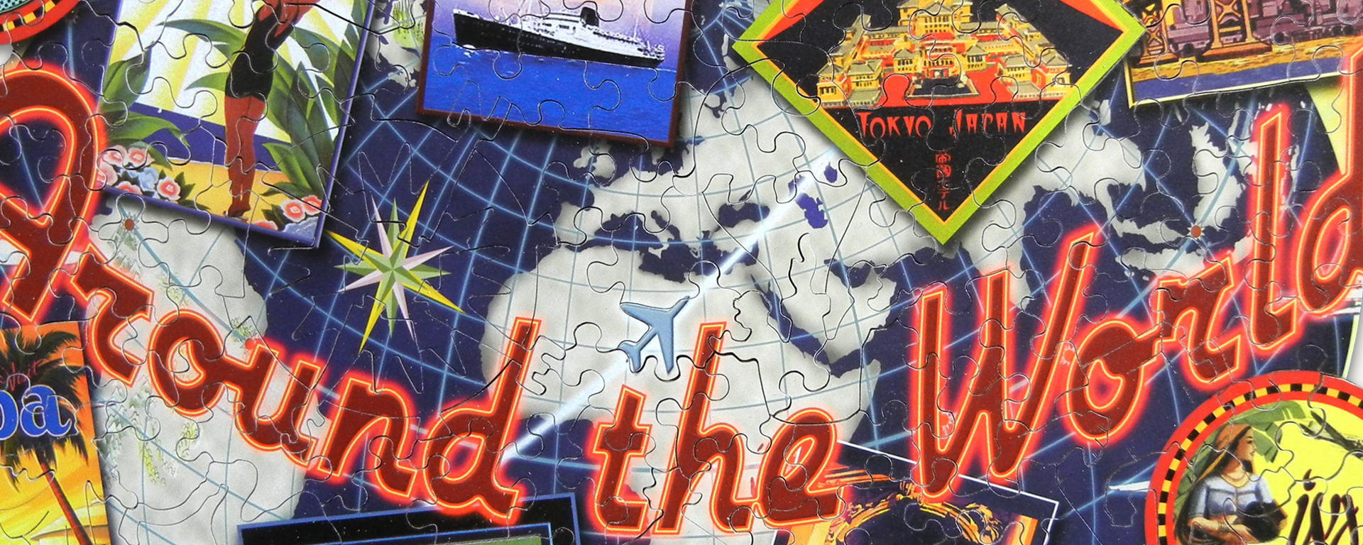 Wooden destination jigsaw puzzle featuring a globe that says around the world and has stamps from different destinations.