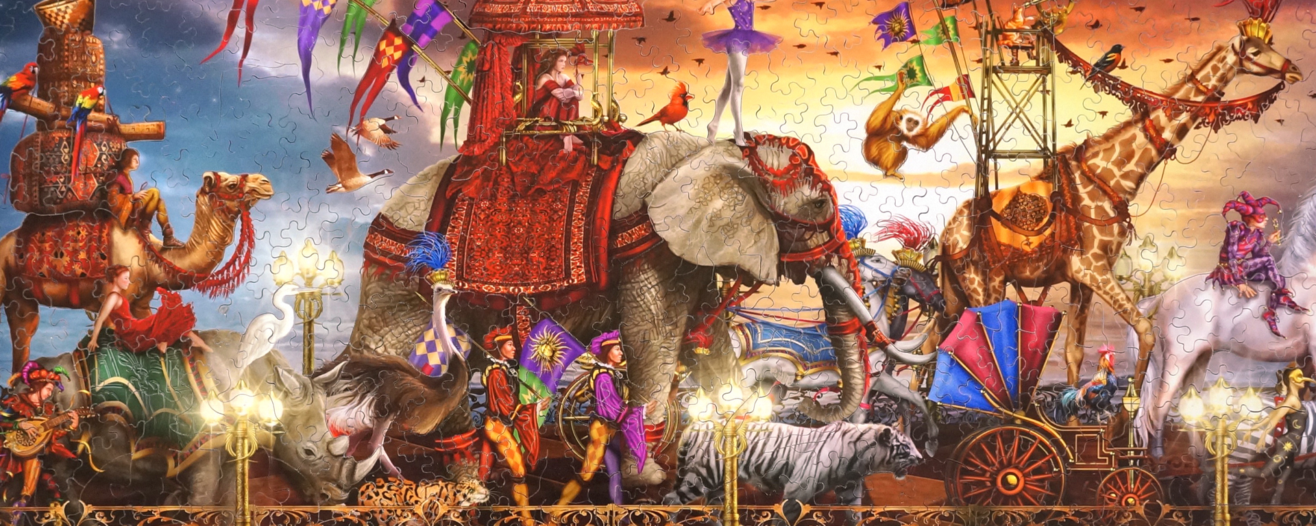 Wooden traditional circus puzzle featuring a variety of circus animals and performers crossing over a bridge.