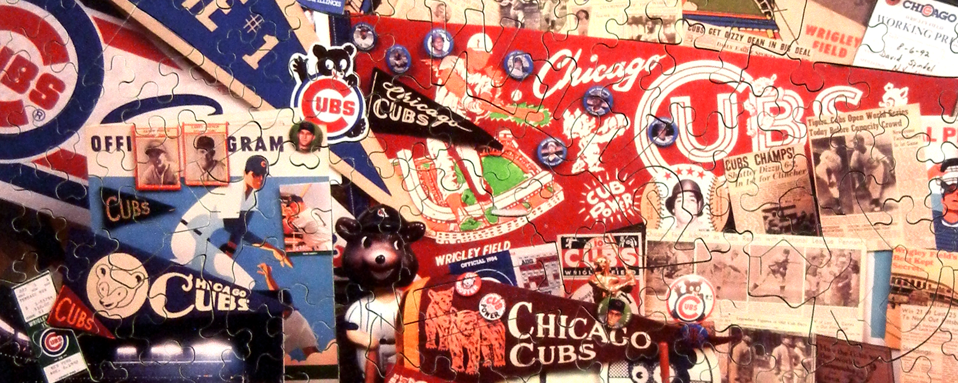 Wooden Chicago puzzle featuring a collage of Chicago Cubs memorabilia.