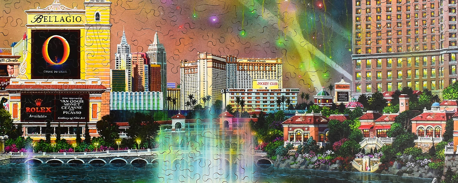 Wooden Las Vegas puzzle featuring the Bellagio Hotel and Fountains as well as the surrounding area.