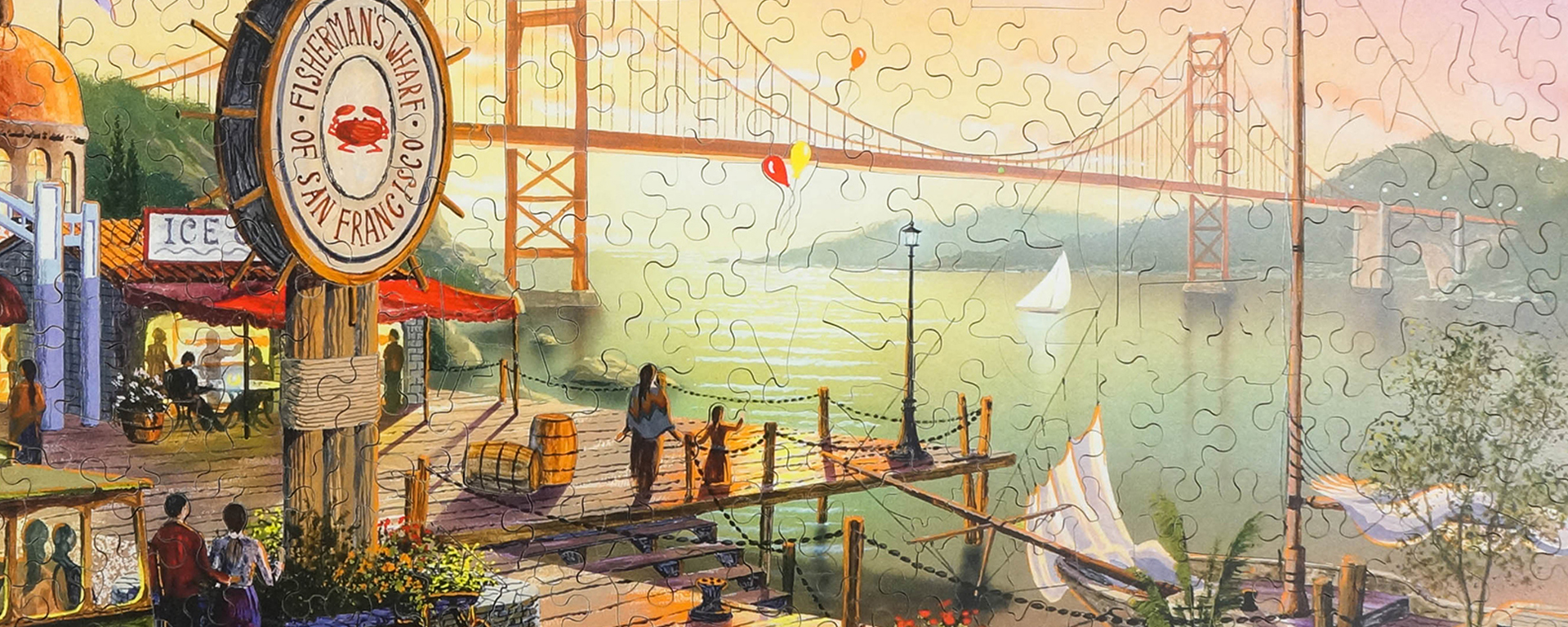 Wooden California puzzle featuring the bustling streets of Fisherman's Wharf in the foreground and a panoramic view of the iconic Golden Gate Bridge illuminated by the warm glow of sunset in the background.