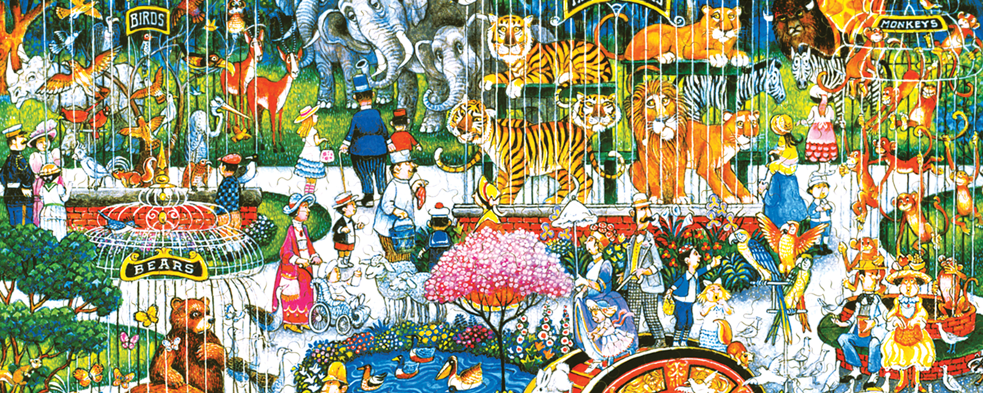 Wooden zoo puzzle capturing the charm of a zoo. The puzzle showcases a colorful and lively scene featuring various animals found in a zoo including elephants, tigers, monkeys, and zebras.