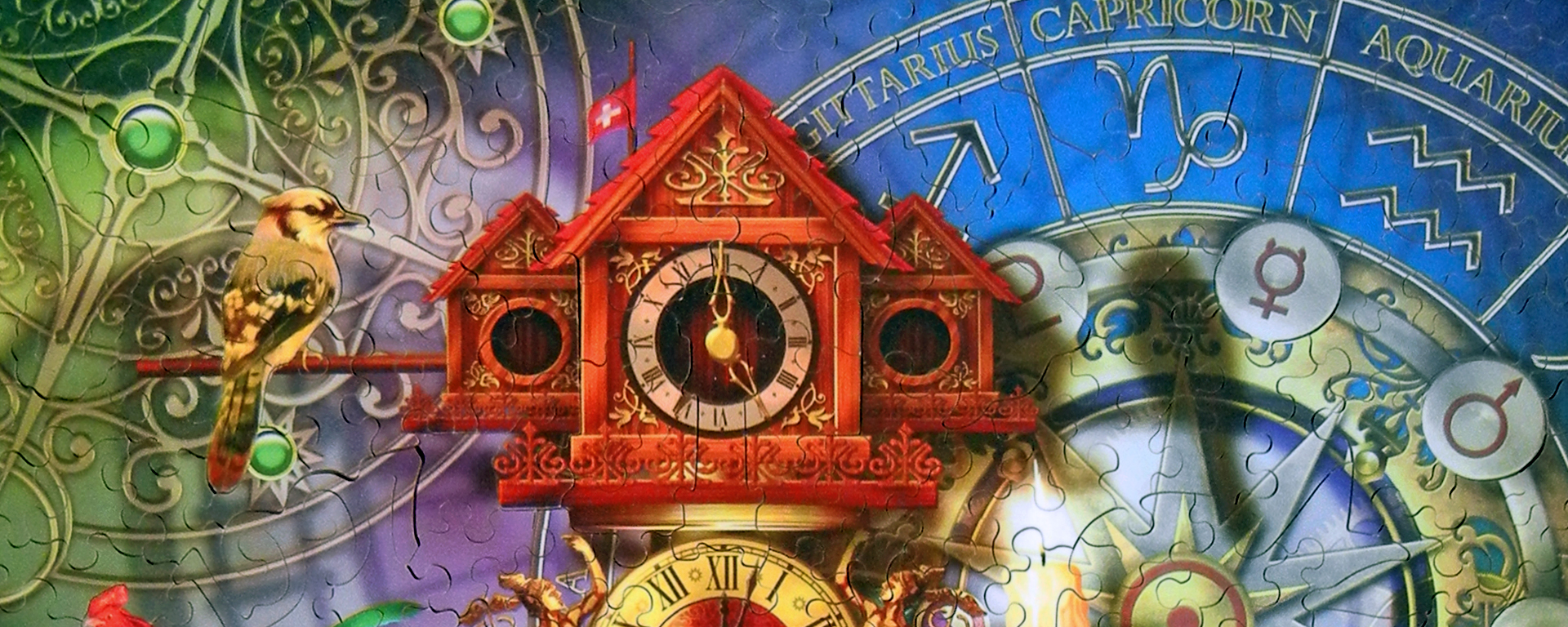 Wooden astrology puzzle featuring astrological symbols, zodiac signs, and celestial elements surrounding a cuckoo clock with a bird perched on it.