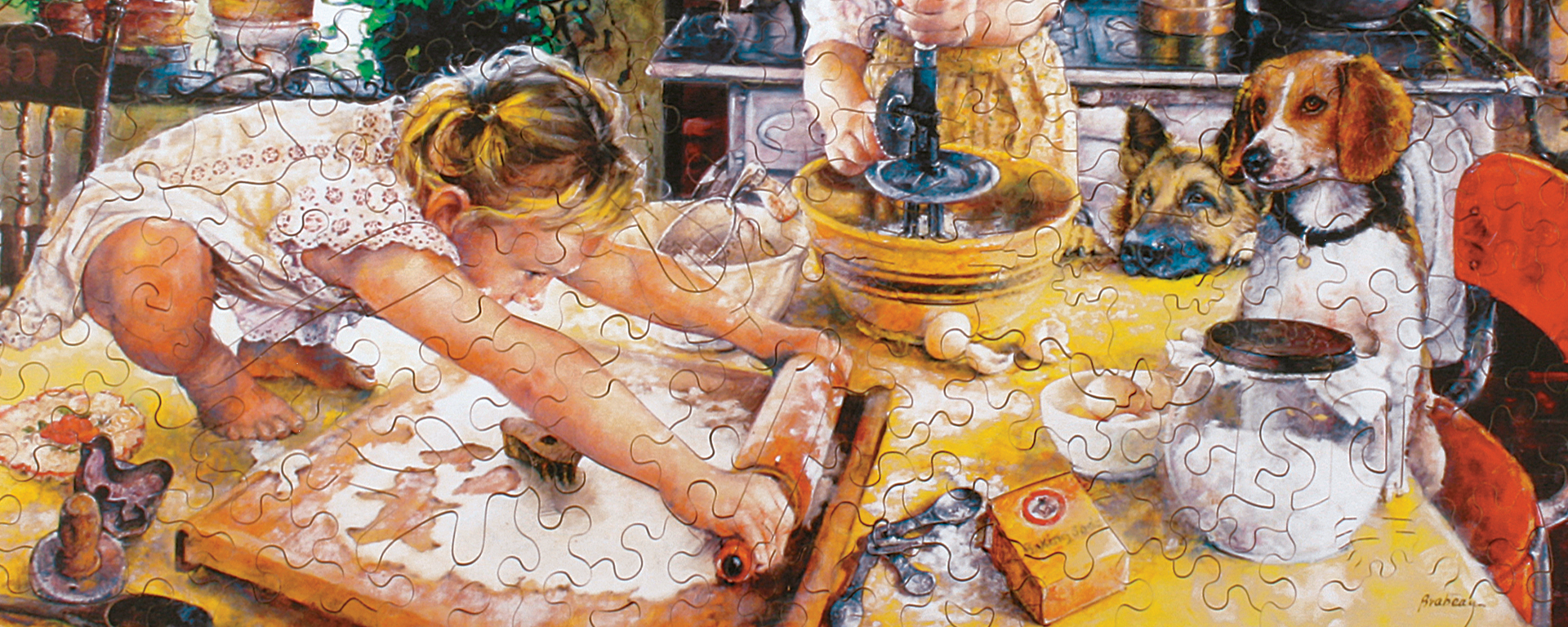 Wooden baking puzzle showing a young girl on the dining table rolling out the cookie dough for sugar cookies. Her two dogs sit watching, one with it's head on the table and the other sitting in a dining chair.