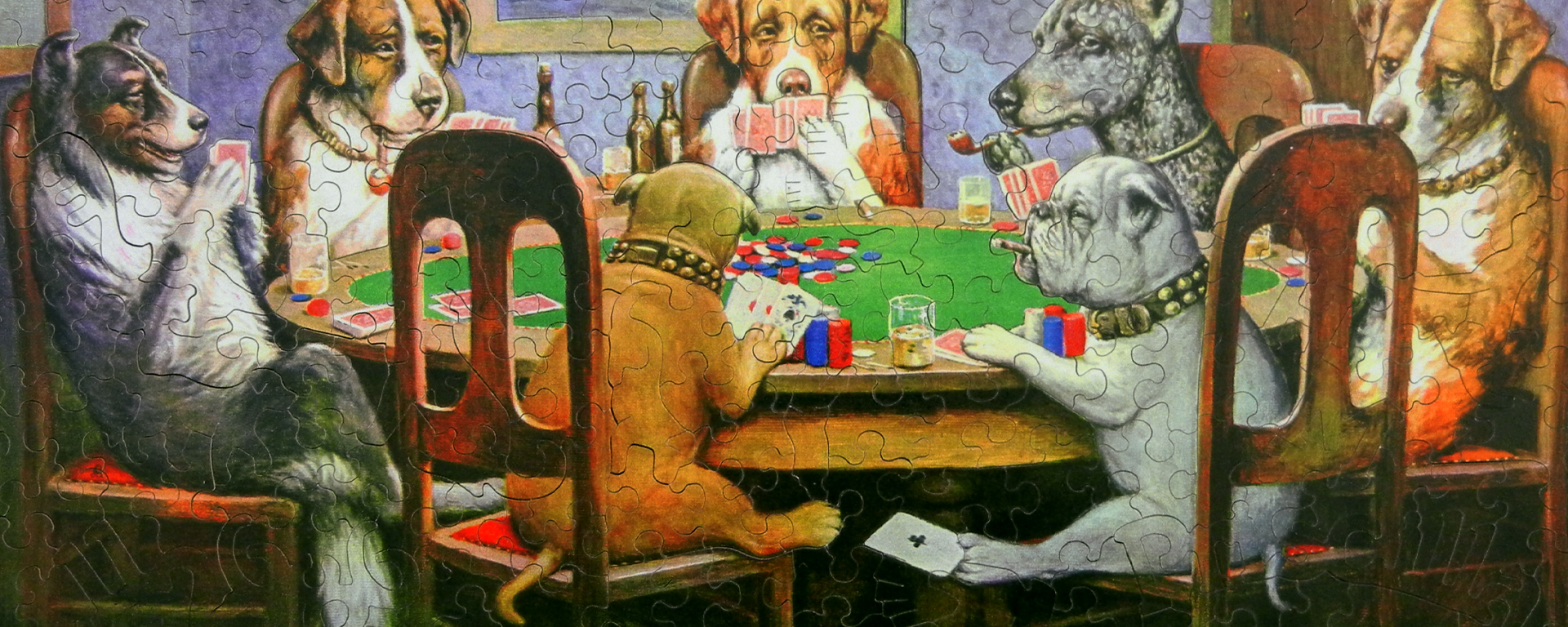 Wooden humor puzzle depicting dogs sitting around a table playing poker.