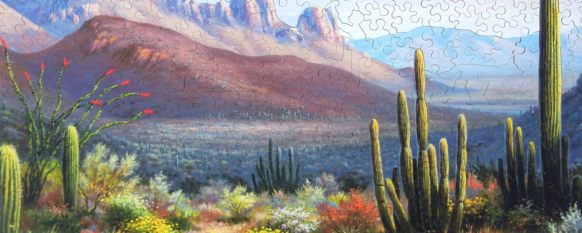Wooden desert puzzle depicting a Sonoran sunset with cacti in the foreground and mountains in the background.