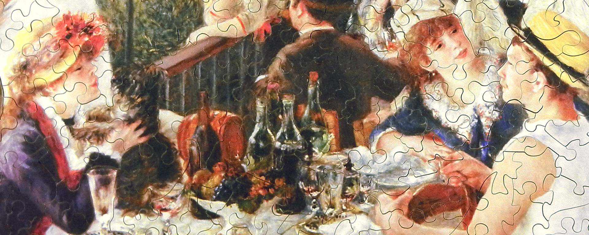 Wooden fine art puzzle featuring the Luncheon of the Boating Party painting by Renoir. This painting depicts a group of Renoir's friends relaxing on a balcony at the Maison Fournaise restaurant along the Seine river in Chatou, France.