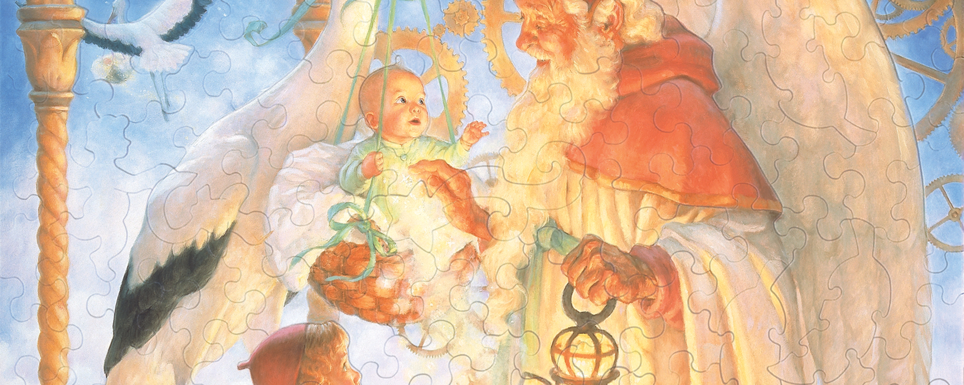 Wooden baby shower jigsaw puzzle of an angel standing next to a stork holding a baby in a basket.