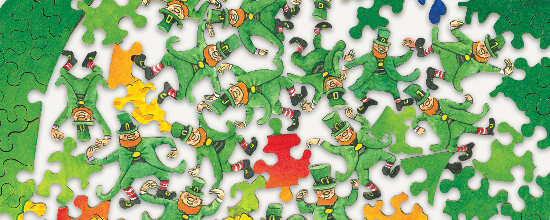 Wooden jigsaw St Patrick's Day Puzzle featuring puzzle pieces in the shapes of dancing leprechauns.