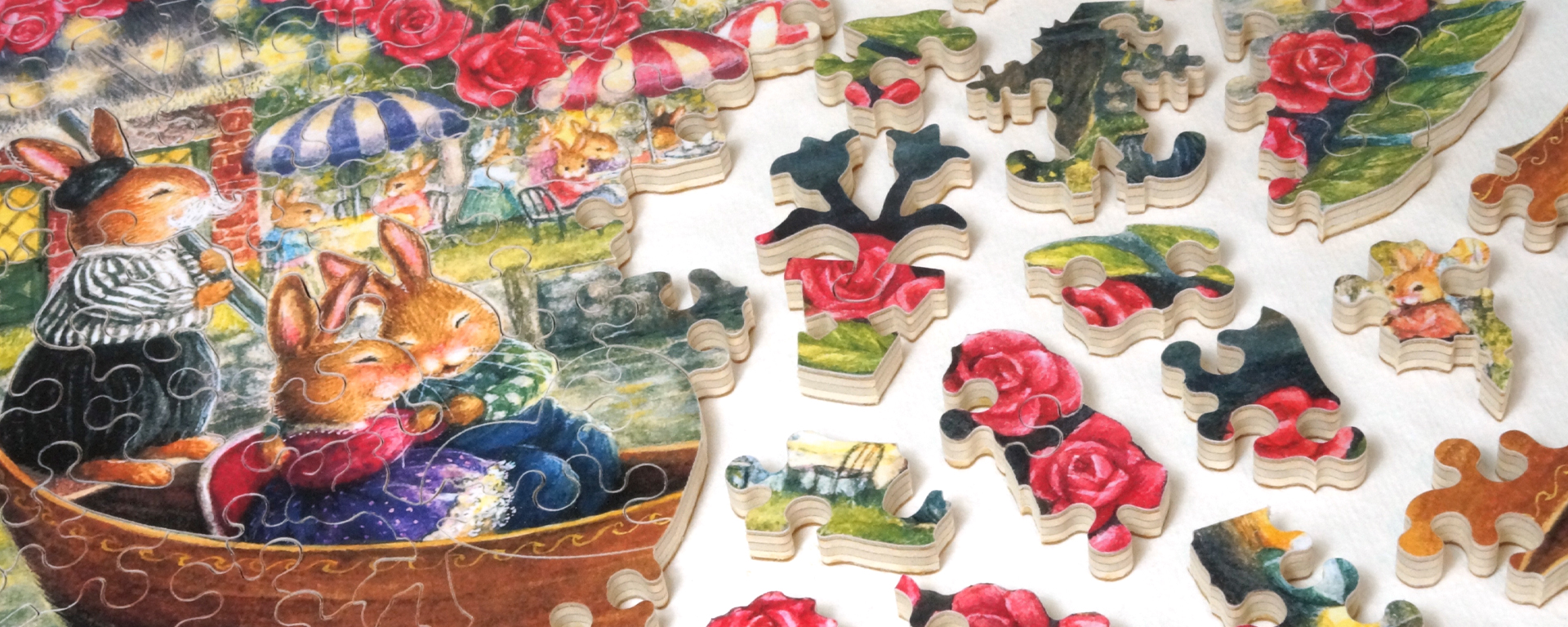 Wooden Valentines jigsaw puzzle of a bunny couple enjoying a gondola ride through the canals.