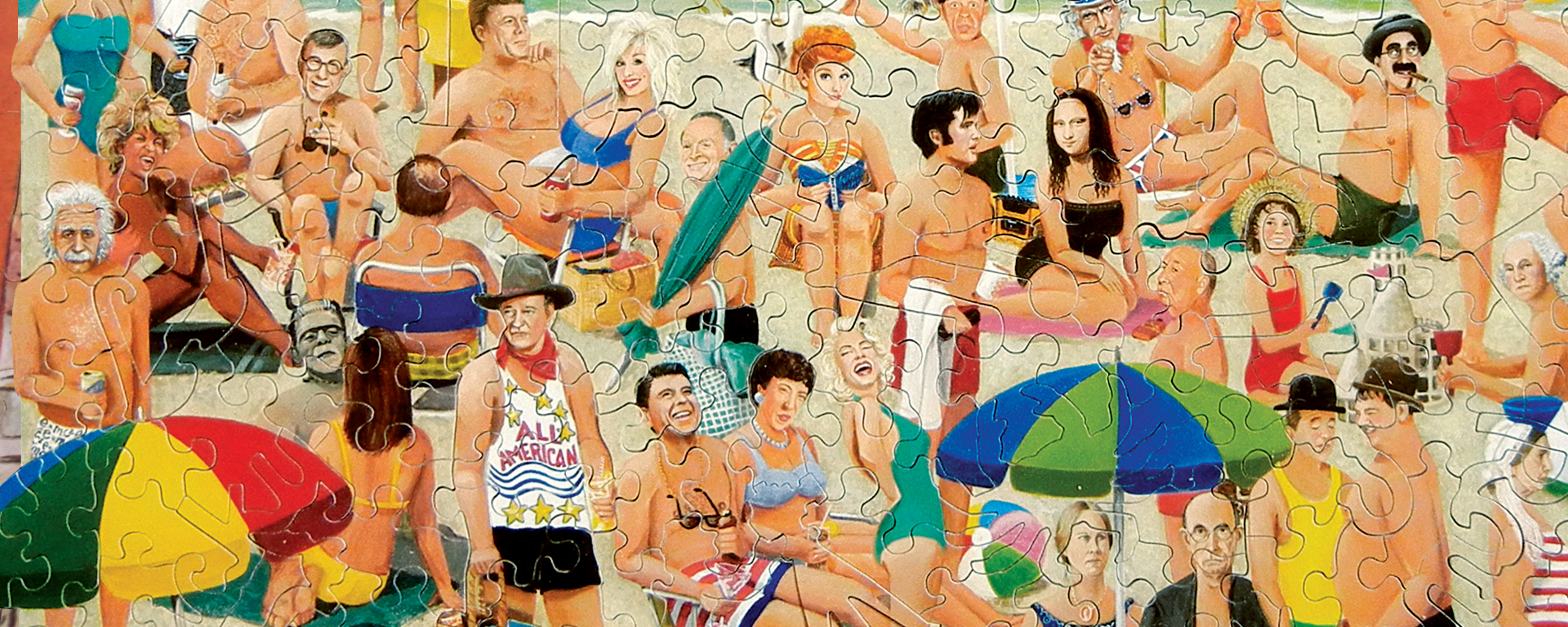 Wooden jigsaw puzzle depicting a variety of famous people at the beach together such as Albert Einstein, Dolly Parton, Elvis, the Mona Lisa, George Washington, and more.