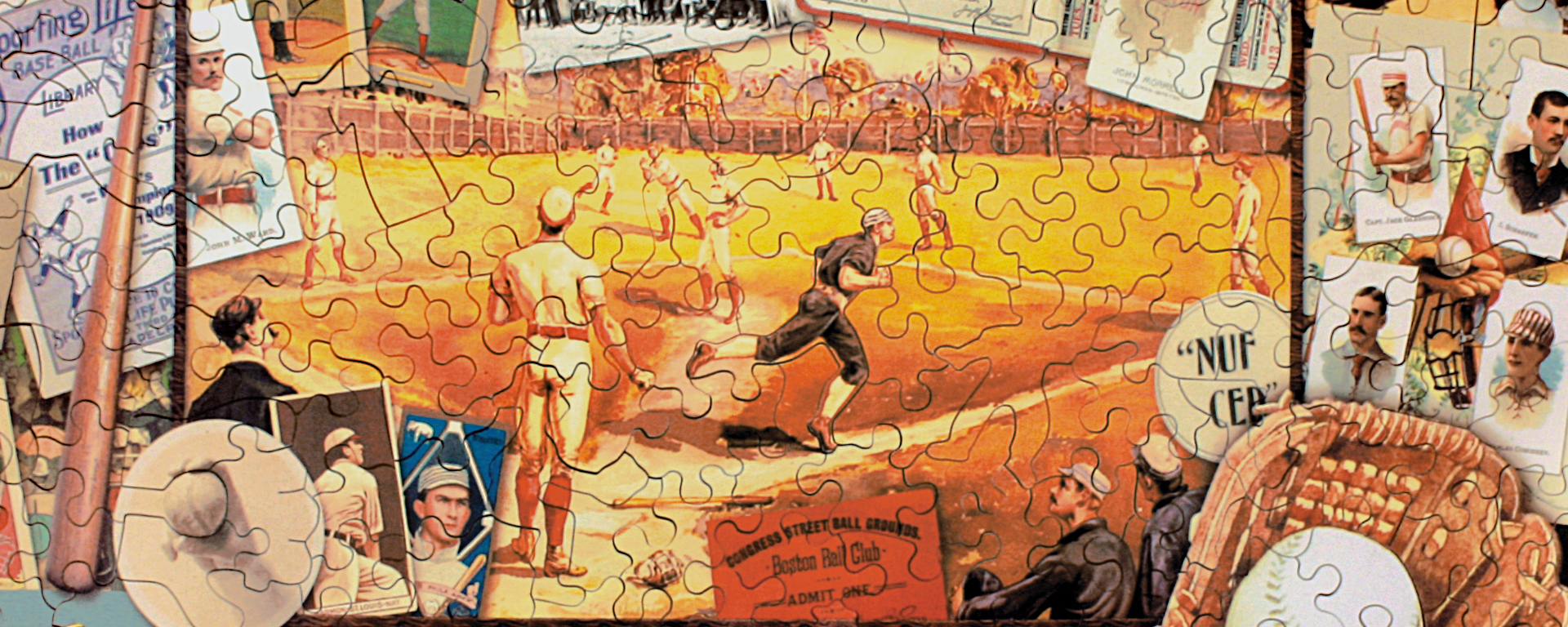 Wooden athlete jigsaw puzzle featuring an old poster of a baseball diamond and someone scoring a run.