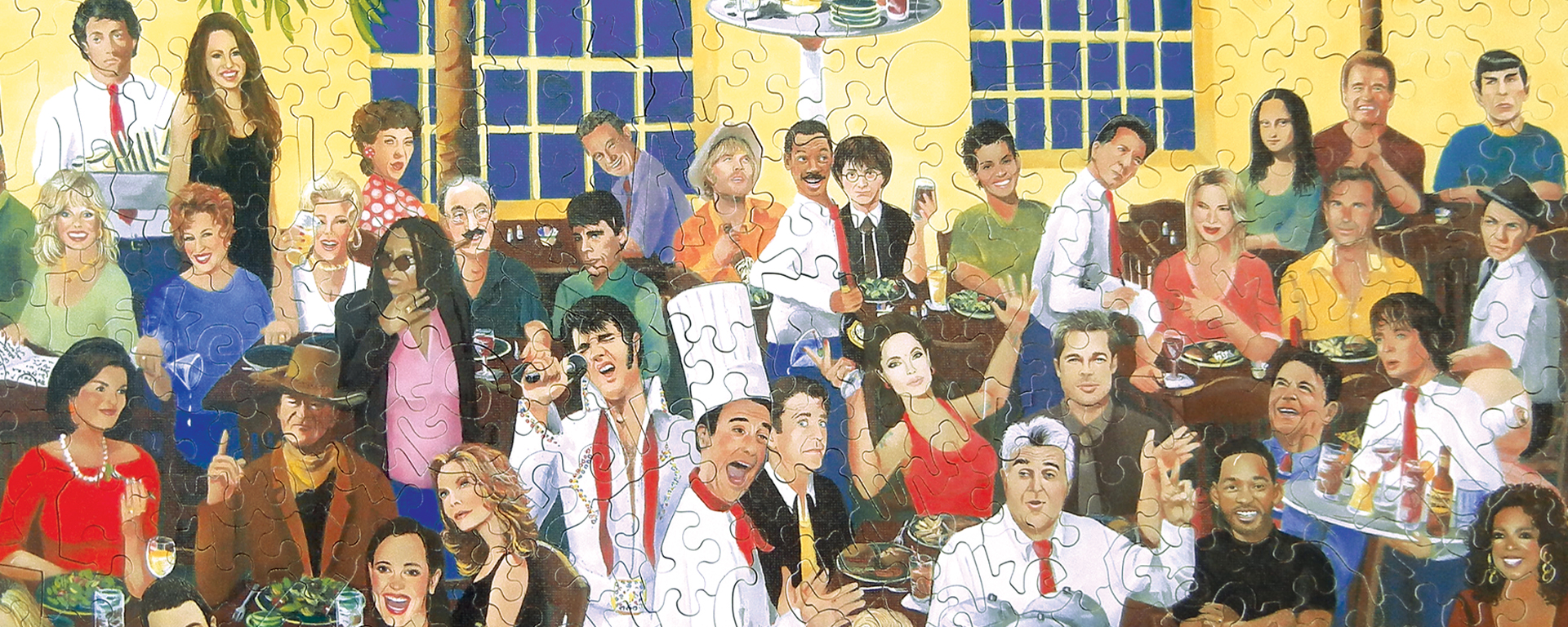 Wooden famous people jigsaw puzzle featuring people like Eddie Murphy, Harry Potter, Elvis Presley, Spock, and many more all eating at a restaurant.