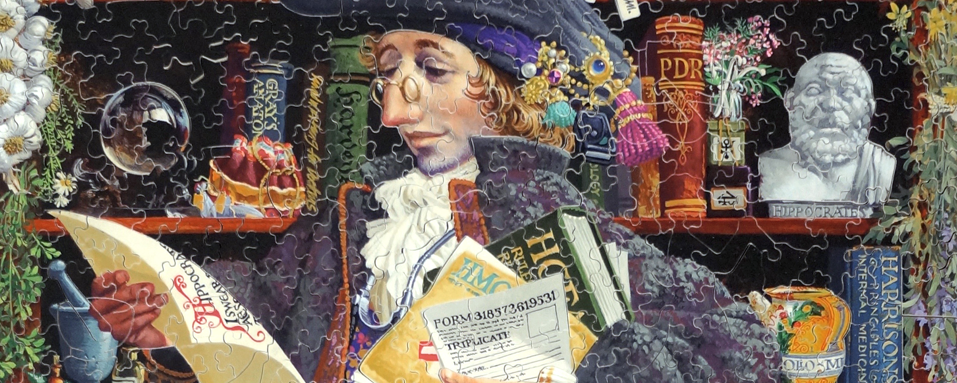 Wooden professionals jigsaw puzzle of The Oath by James Christensen. A man from the past is looking at a hand written document with a bookshelf in the background.